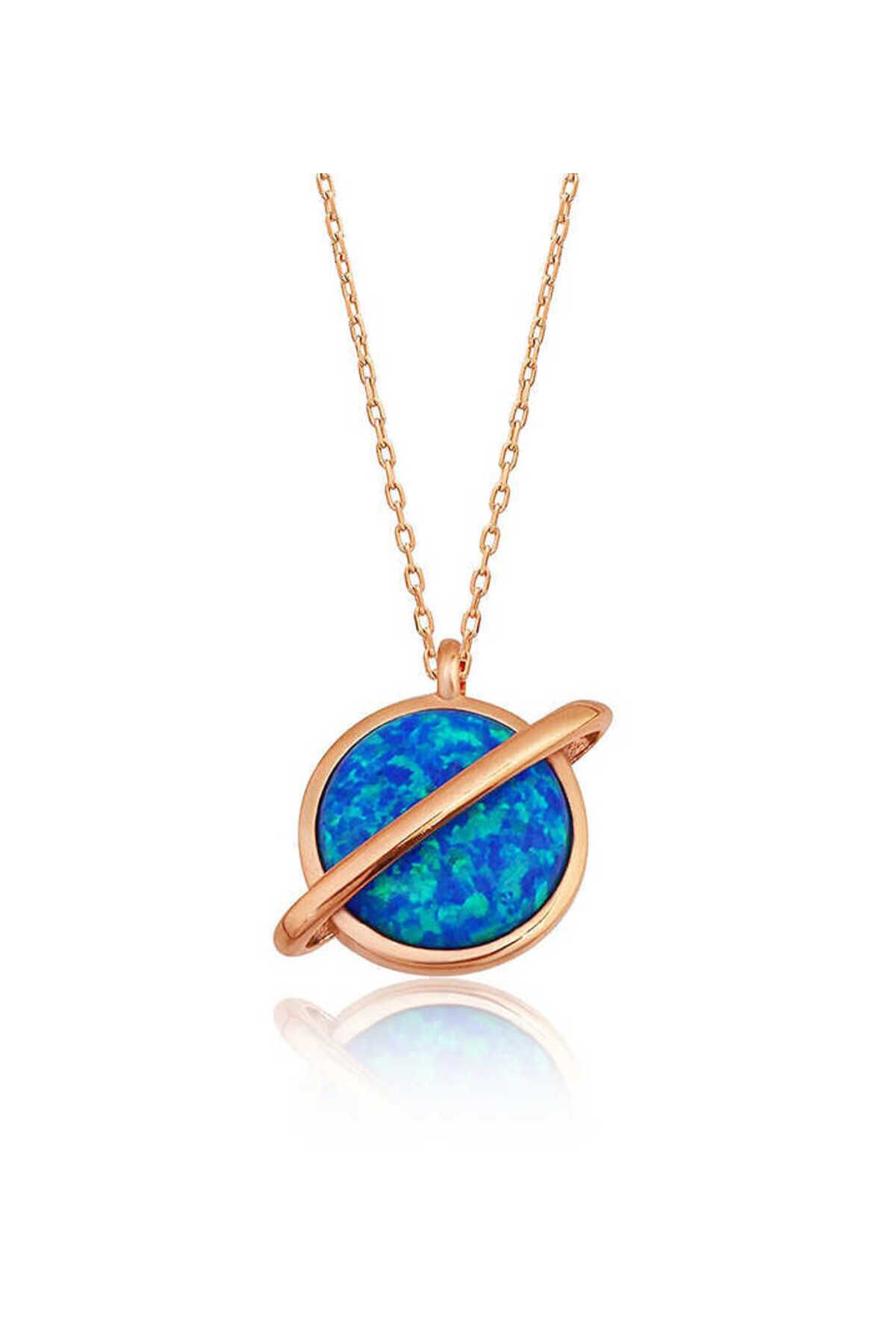 NİDAM BUTİK Gümüş Rose Opal Taşlı Gezegen Kolye