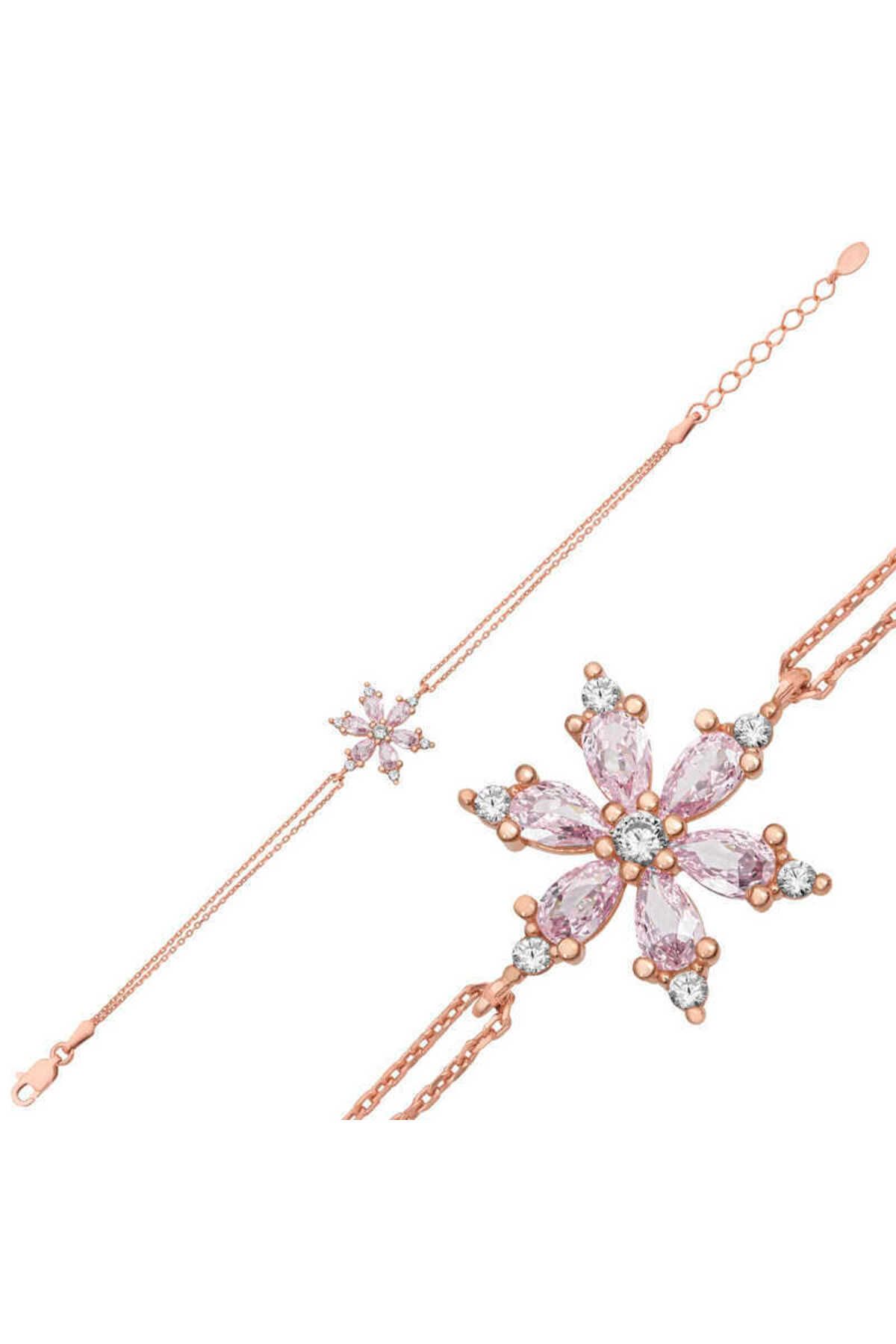 NİDAM BUTİK Gümüş Rose Pembe Lotus Çiçeği Kadın Bileklik