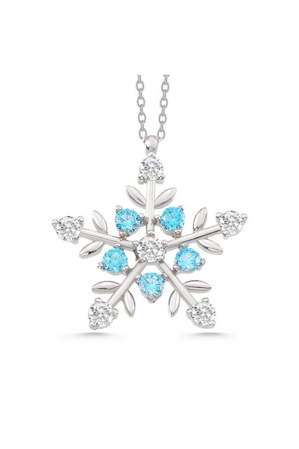 NİDAM BUTİK Gümüş Aquamarine Taşlı Kar Tanesi Kadın Kolye