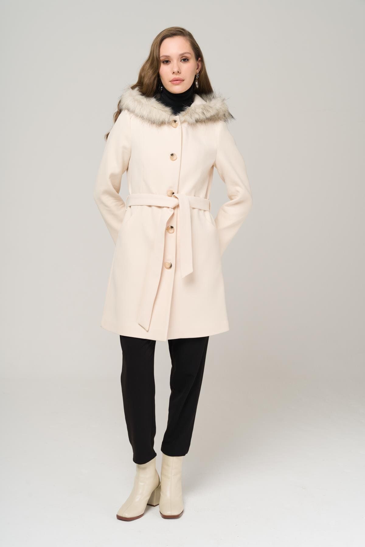 Olcay-Hooded Furry Belted Coat EKRU 3986 2