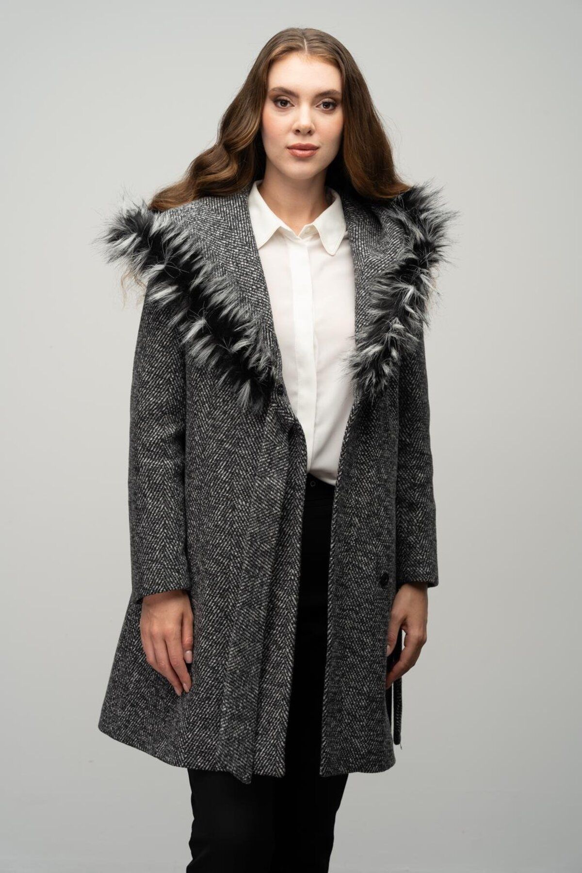 Olcay-Herringbone Pattern - Furry Hood and Belted Black Coat 3044 6