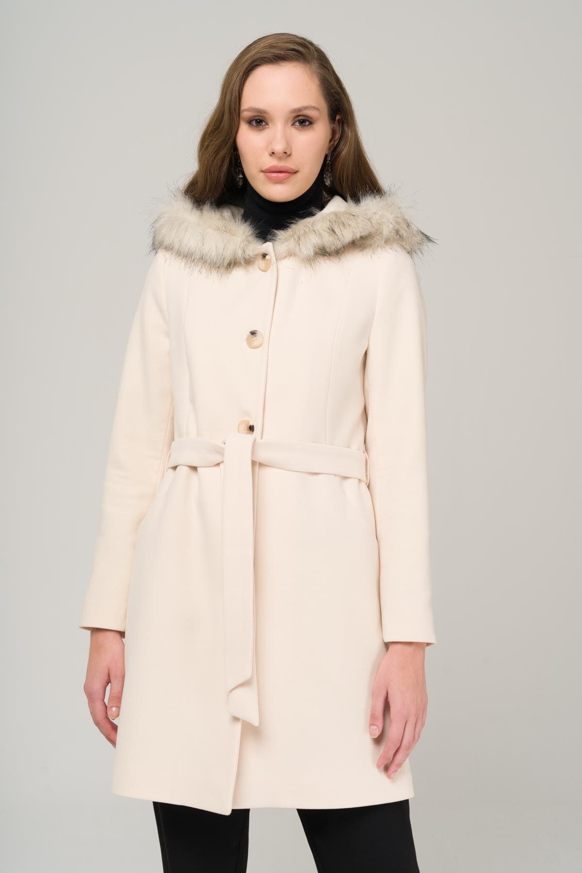 Olcay-Hooded Furry Belted Coat EKRU 3986 3