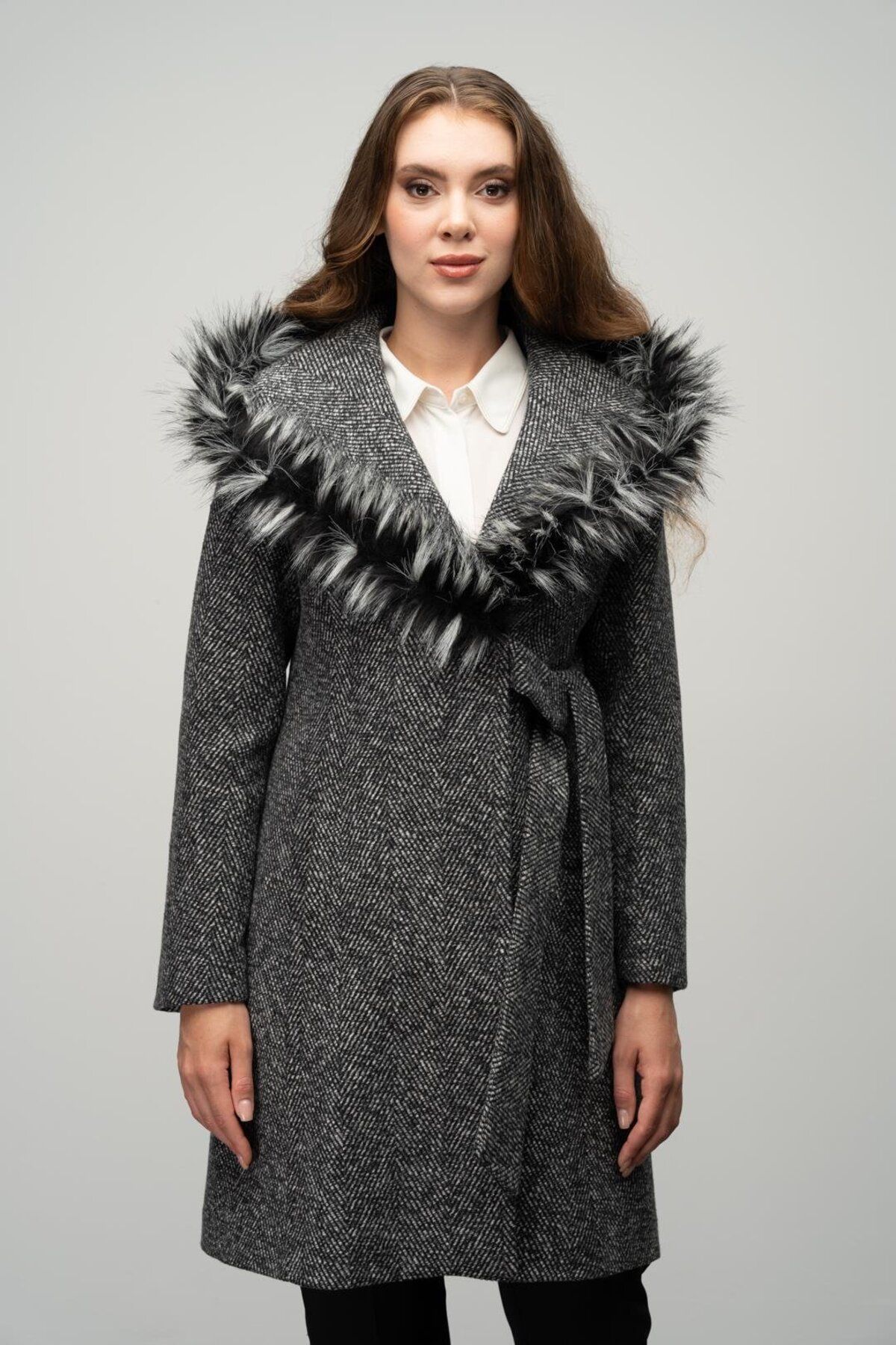 Olcay-Herringbone Pattern - Furry Hood and Belted Black Coat 3044 3