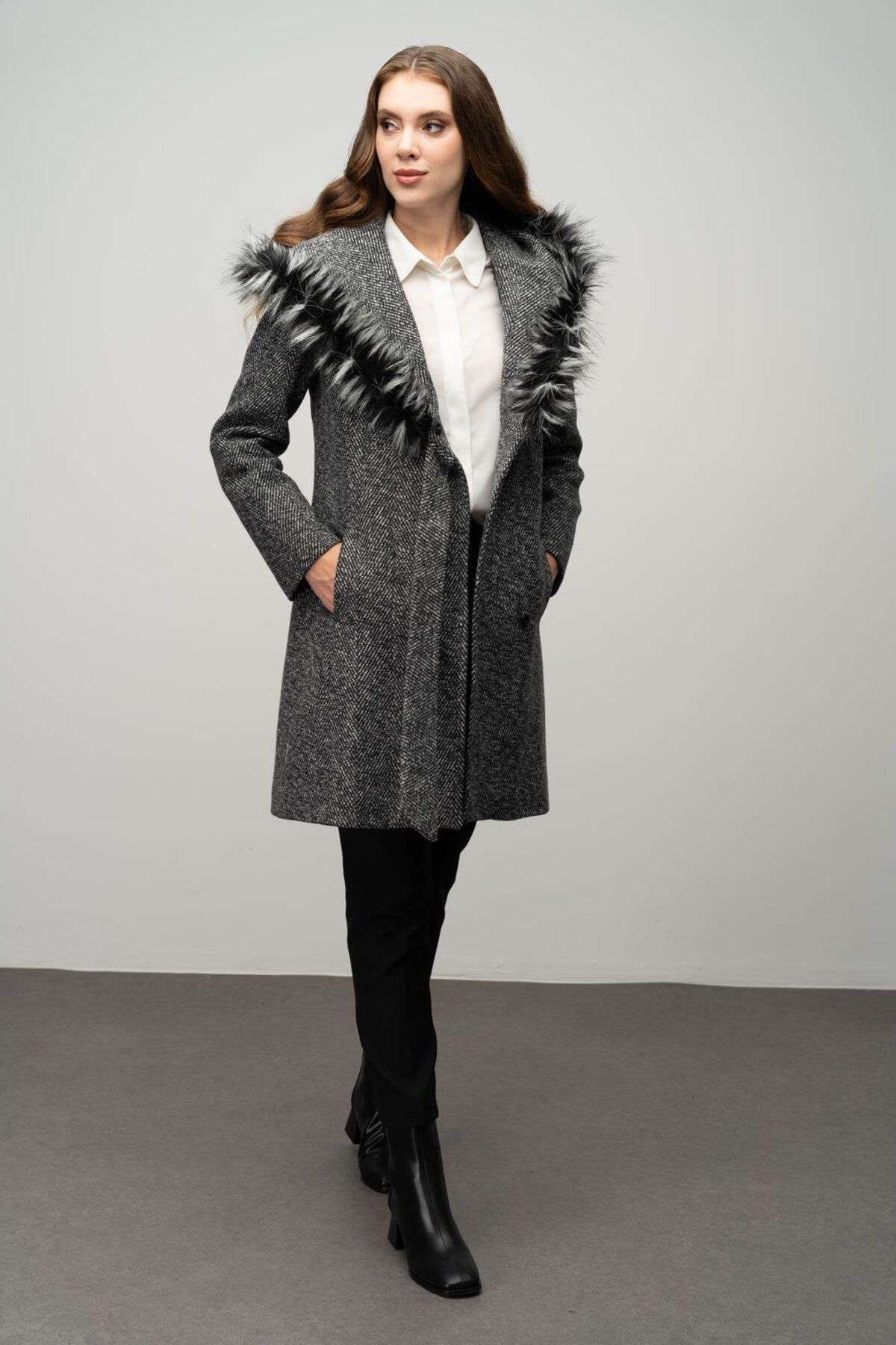 Olcay-Herringbone Pattern - Furry Hood and Belted Black Coat 3044 4