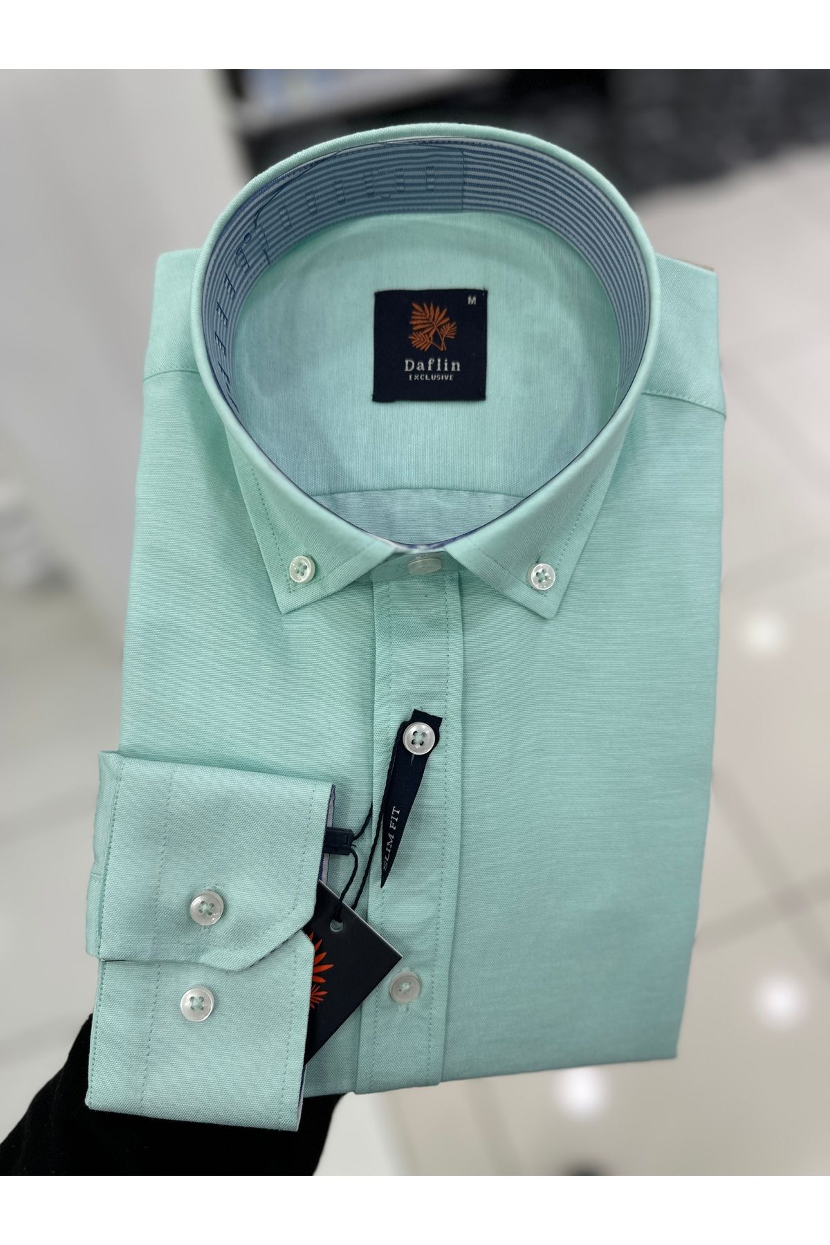 Daflin-Slimfit Button Collar Green Men's Shirt 1