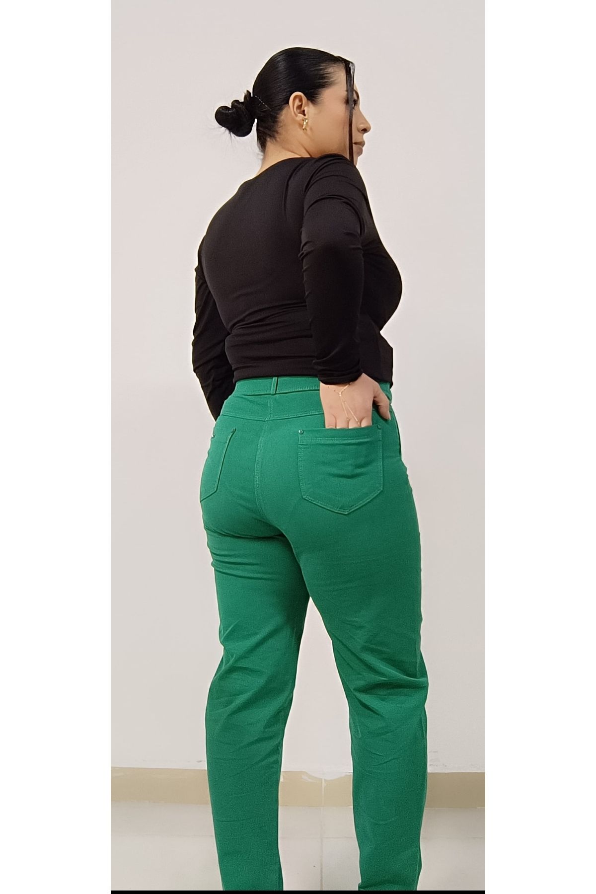 AKŞEN GİYİM-Large Size Recovery Size Thin Showing High Waist Green Coton Pant 4