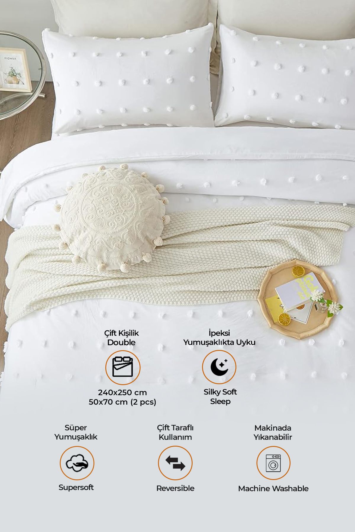 Evlen Home Collection-Emmy Embossed Cotton Bedspread - Double Boho Set with Tufting Detail, White Cream 2
