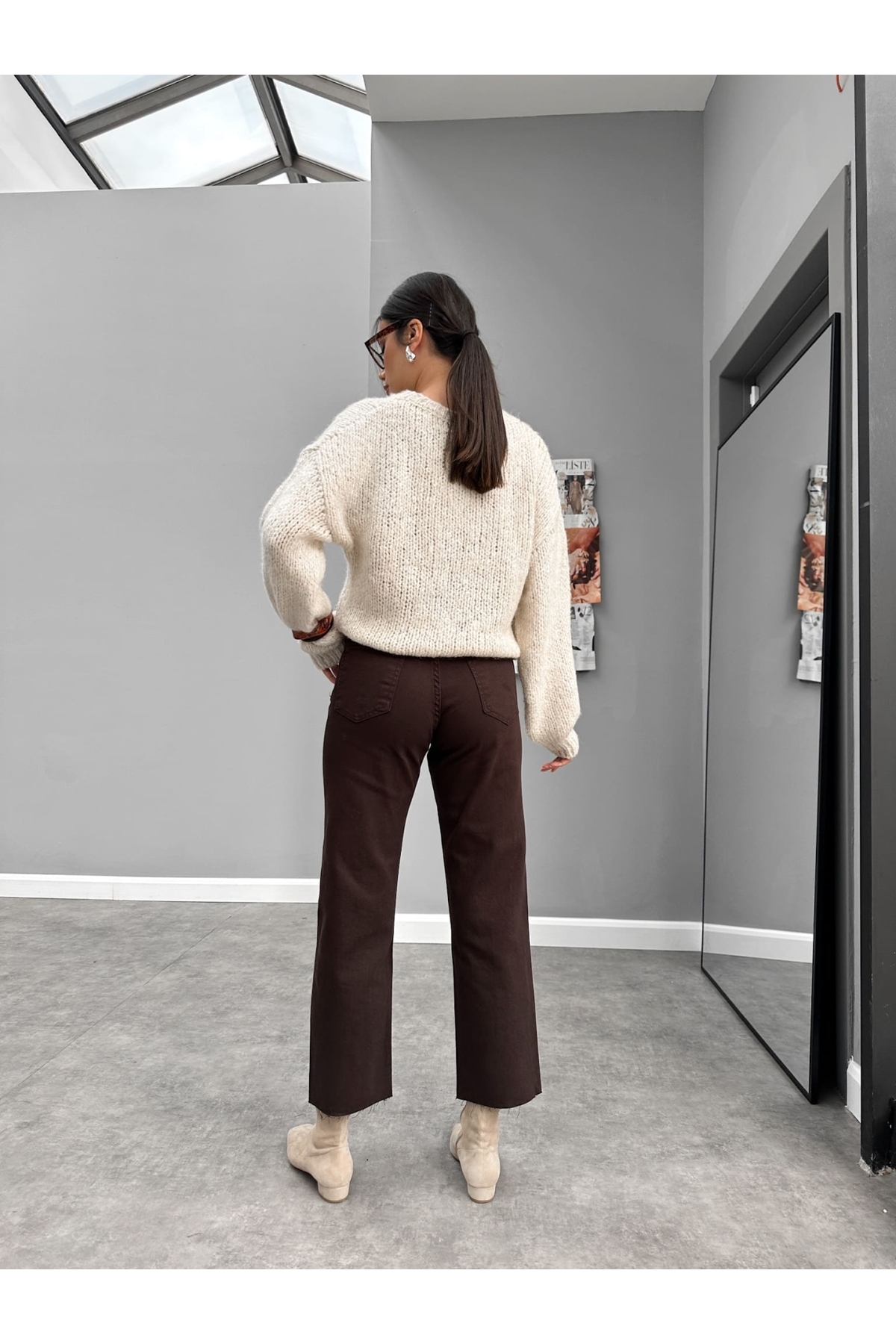 ESRAHELVACI  Acı Kahve Paça Kesik Orj Jean Pantolon - Görsel 5