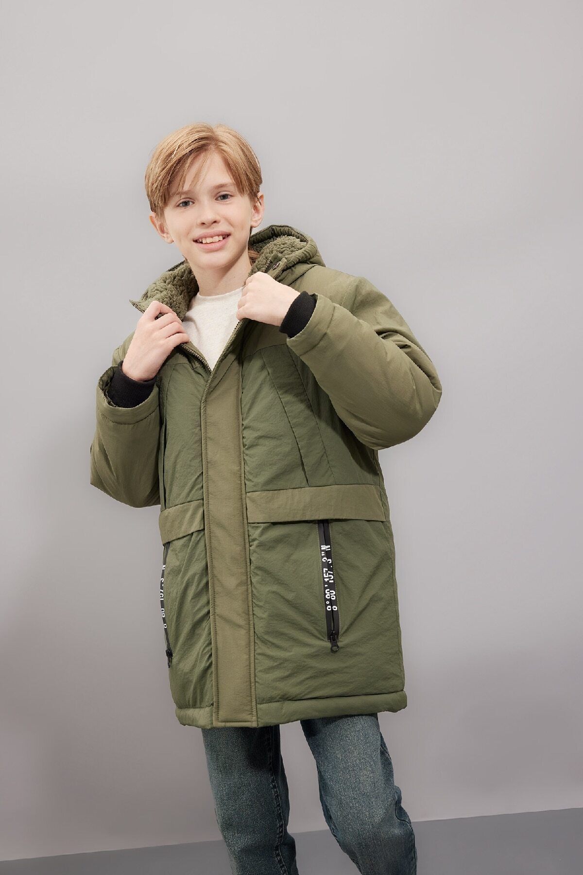 DeFacto-Water Repellent Plush Lined Parka for Boy - Hood and Zip C8815A824Wn 1