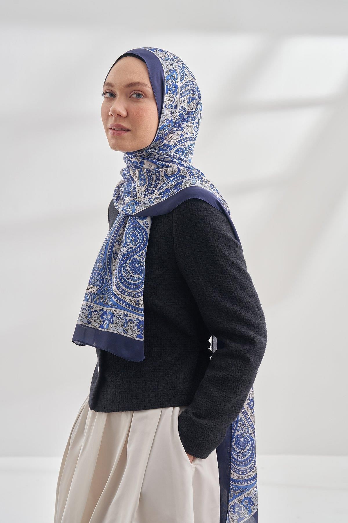 ARMANDA-Ethnic Patterned Special Series Shawl - Navy Blue/Sax 6035 1