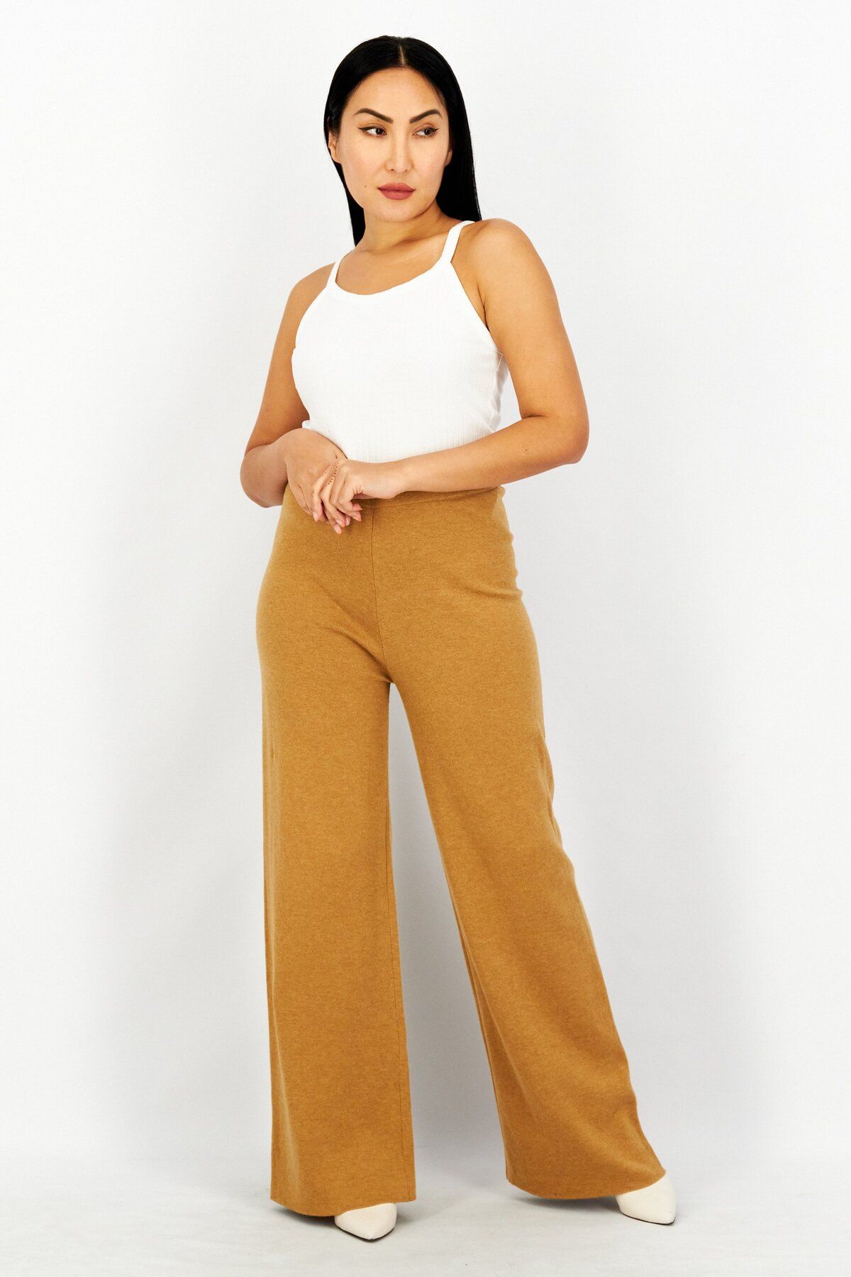 Esprit-Women High Rise Wise Leg Solid Trouser Pants, Tan 4