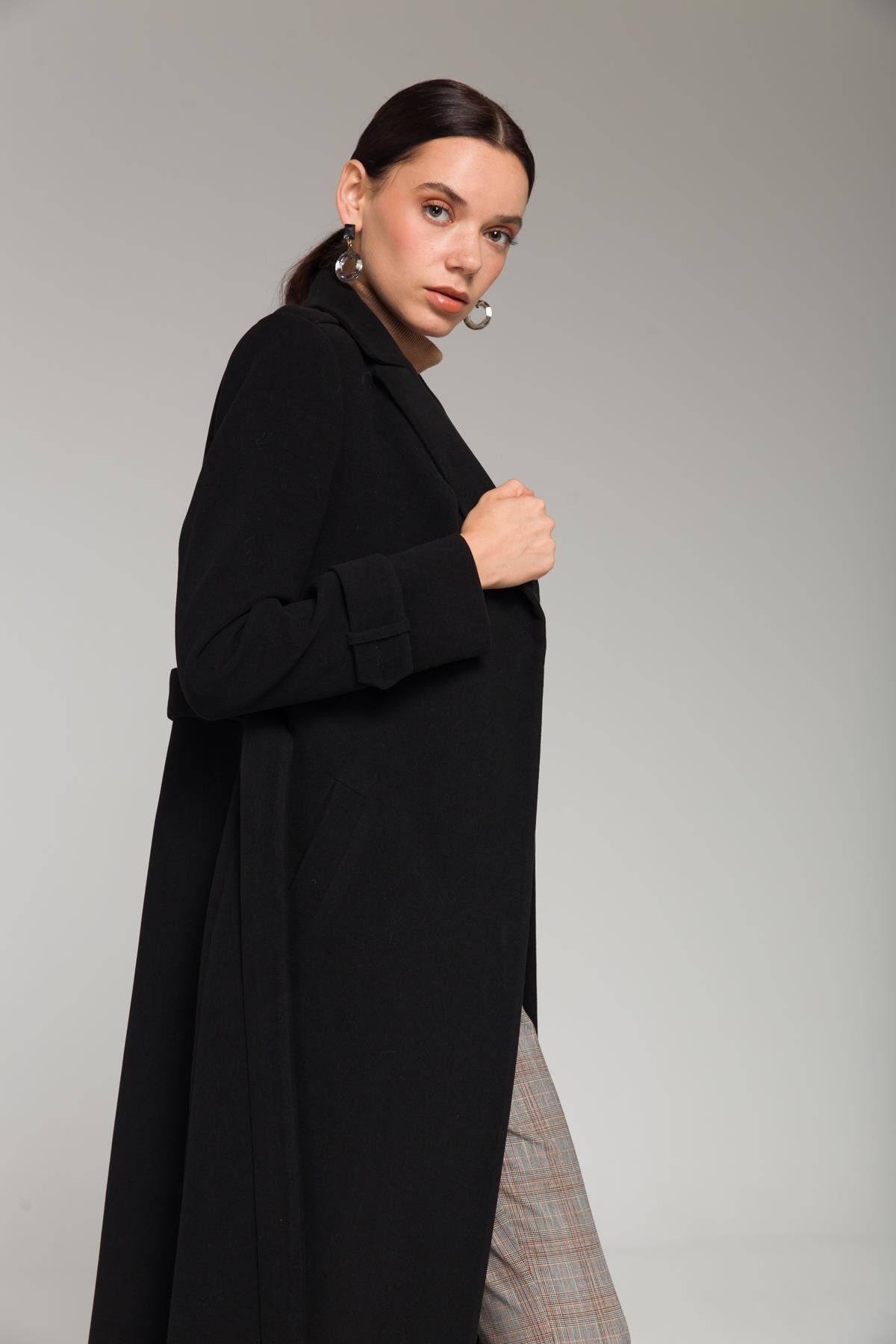 Olcay-Cape and Epaulette Detailed Snap Closure Medium Length Coat Black 3771 5