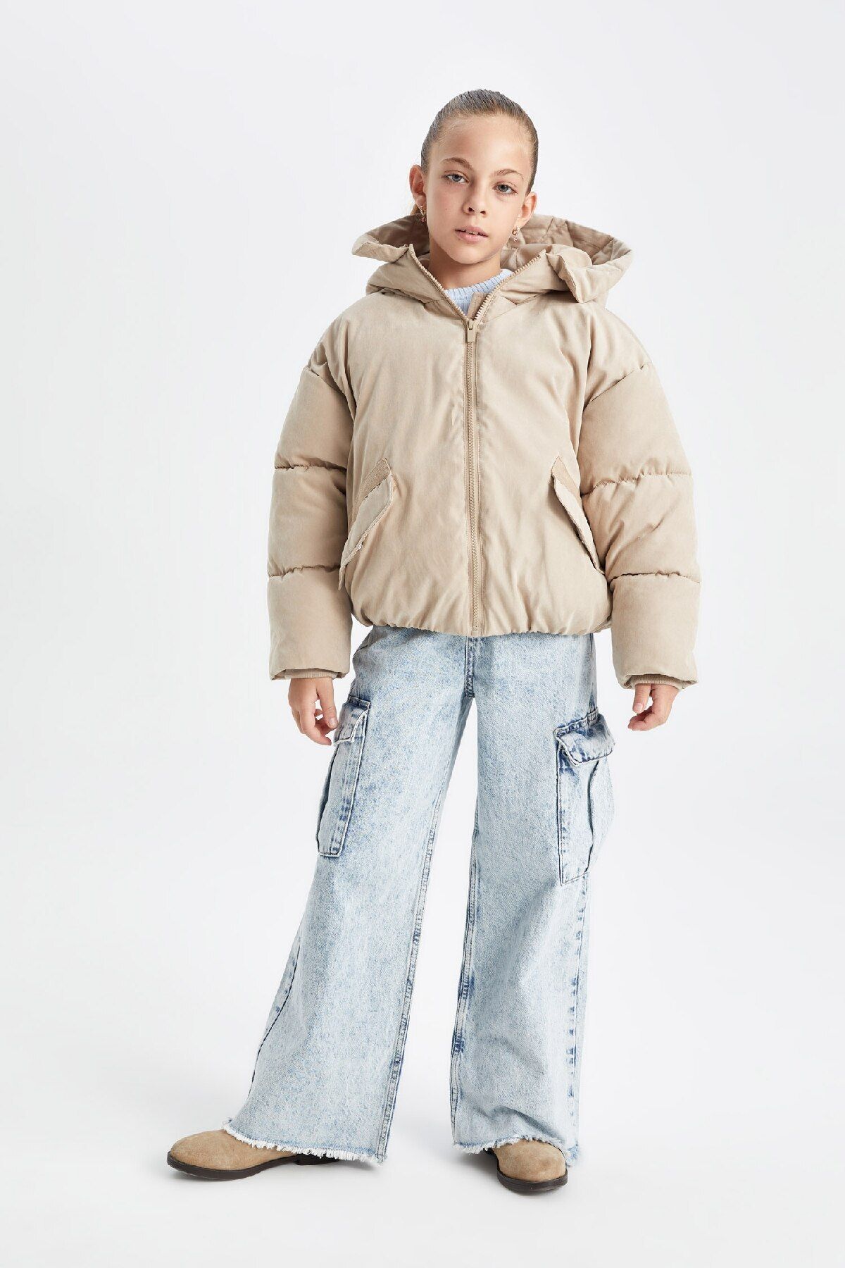 DeFacto-Girl - Water Repellent, Ribbed Sleeves and Rubber Waist Hood Puffer Jacket C5491A824Wn 2