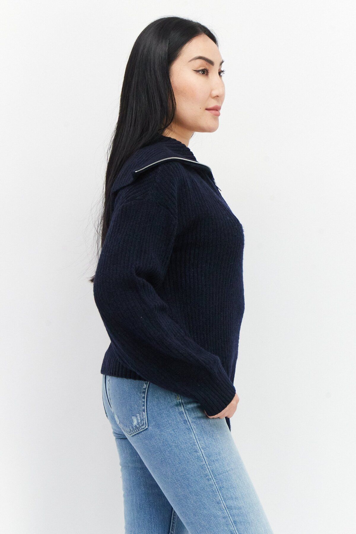 French Connection-Women Spread Collar Knitted Sweater, Navy Blue 3