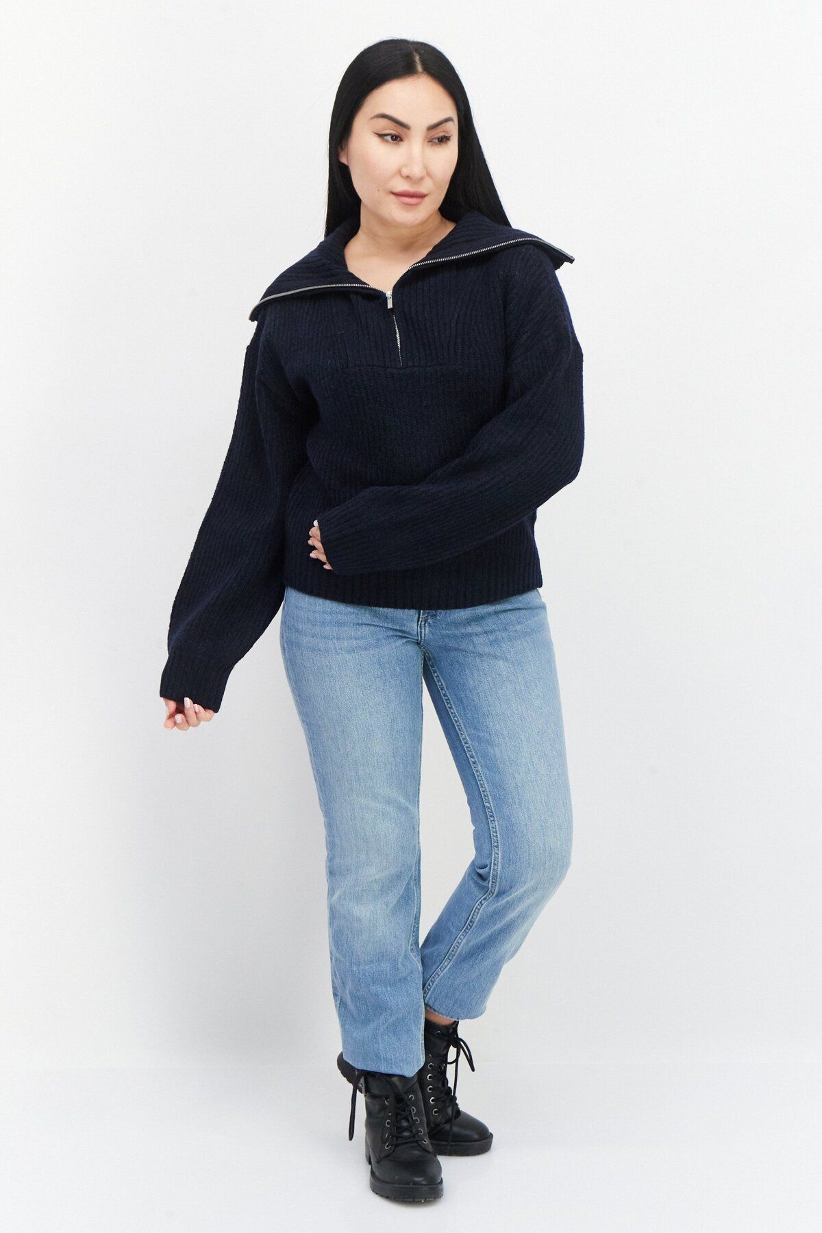French Connection-Women Spread Collar Knitted Sweater, Navy Blue 4
