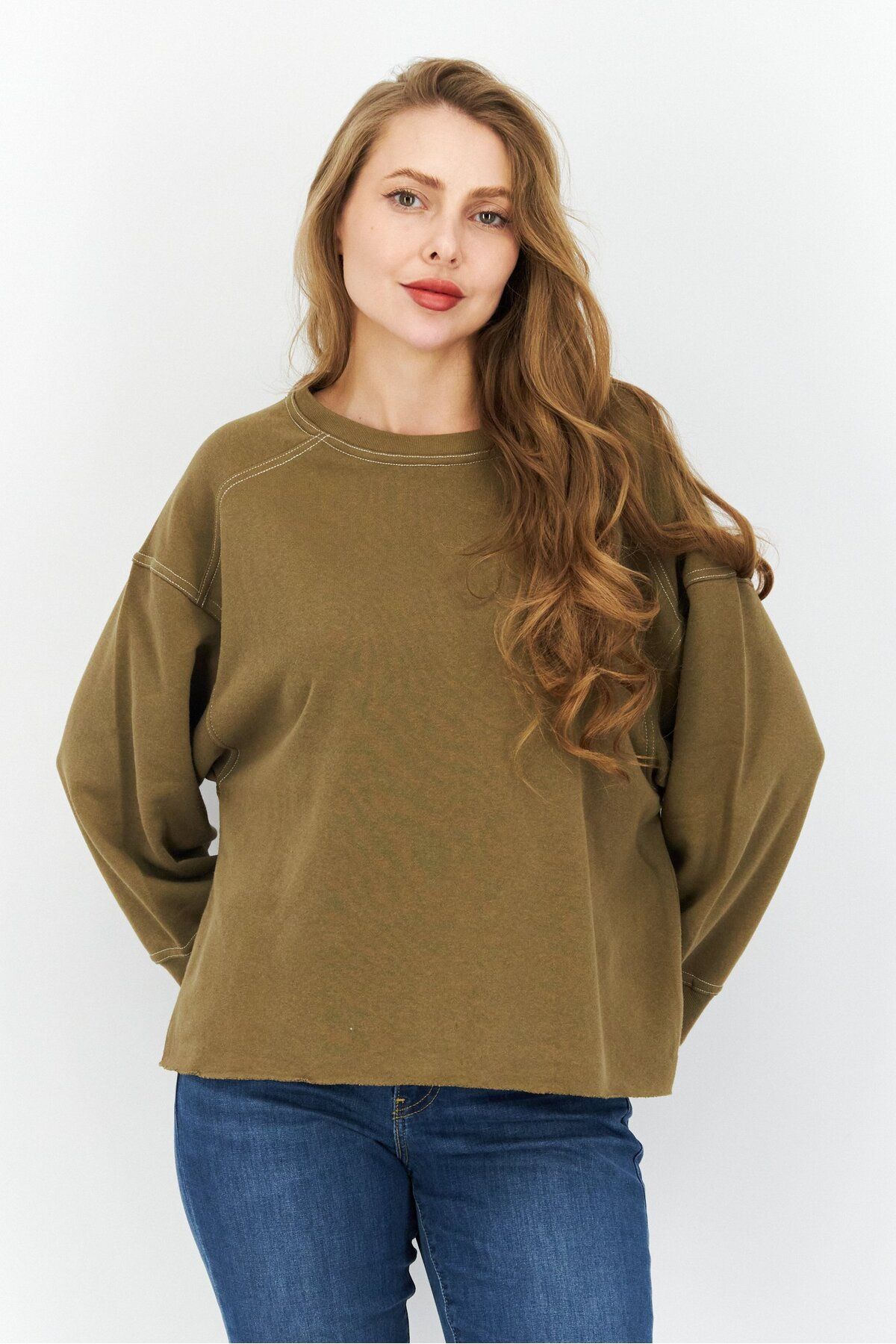 Sage Collective-Women Crew Neck 3/4 Sleeves Solid Sweatshirt, Olive 1
