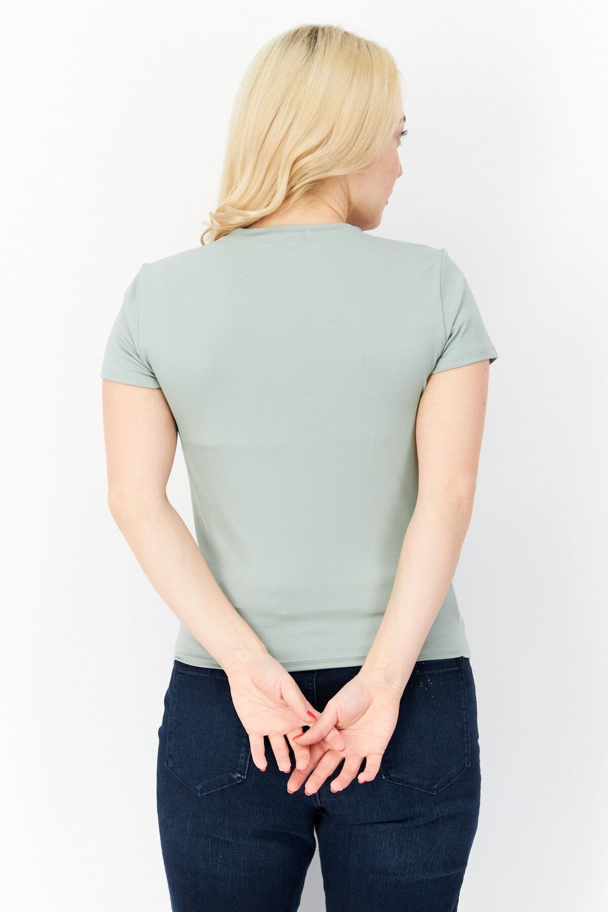 XOXO-Women Round Neck Short Sleeve Plain T-shirt, Sage Green 2