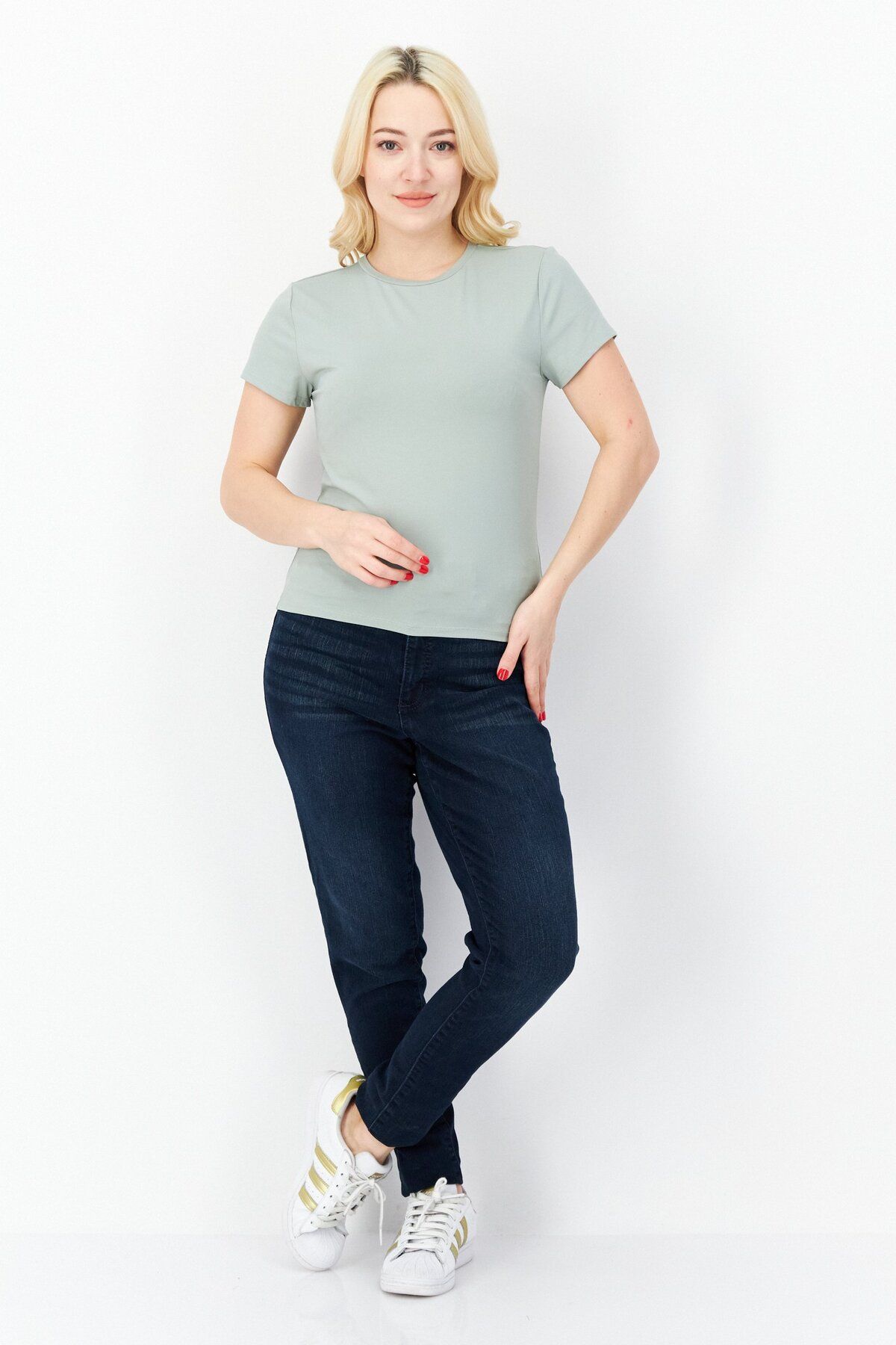 XOXO-Women Round Neck Short Sleeve Plain T-shirt, Sage Green 4