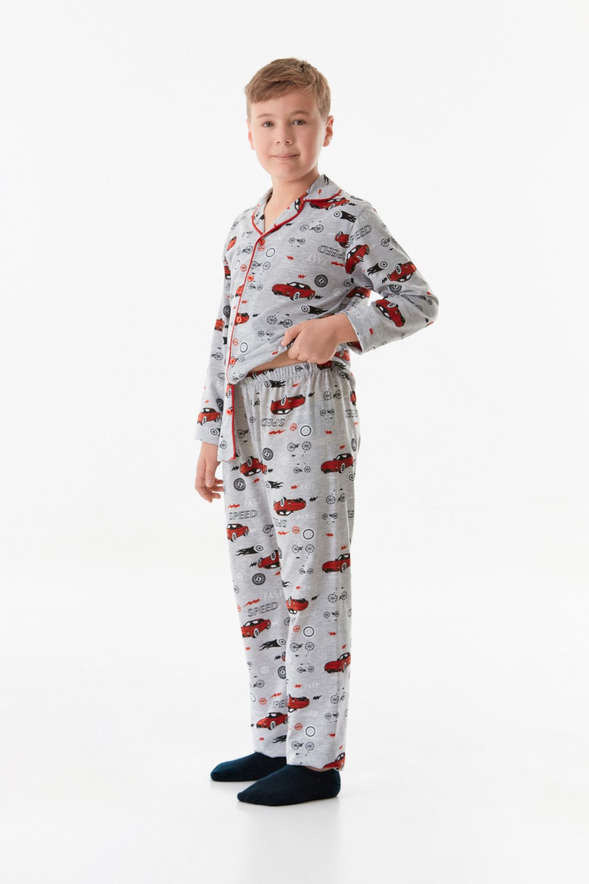 Fulla Moda-Car Patterned Shirt Collar Boy's Pajamas Set 4