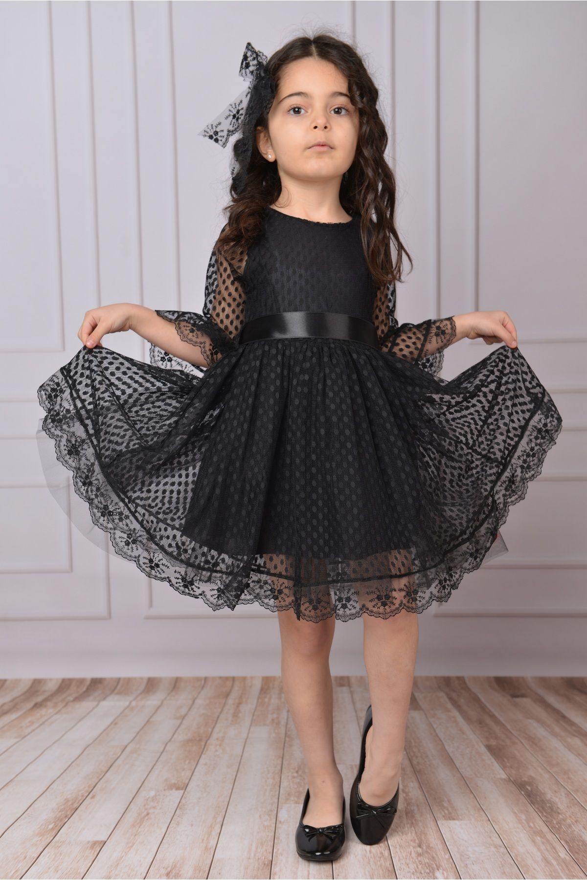 Mixie-Girls' Dress Black Girls' Buckle Dress Girls' Dress Tulle Lace Dress 1