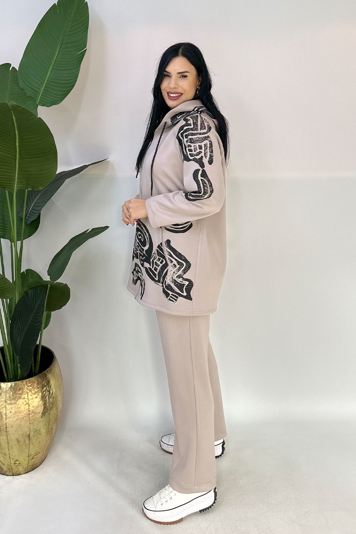 GÖKSEL-Beige Plus Size Hooded Printed Suit 3