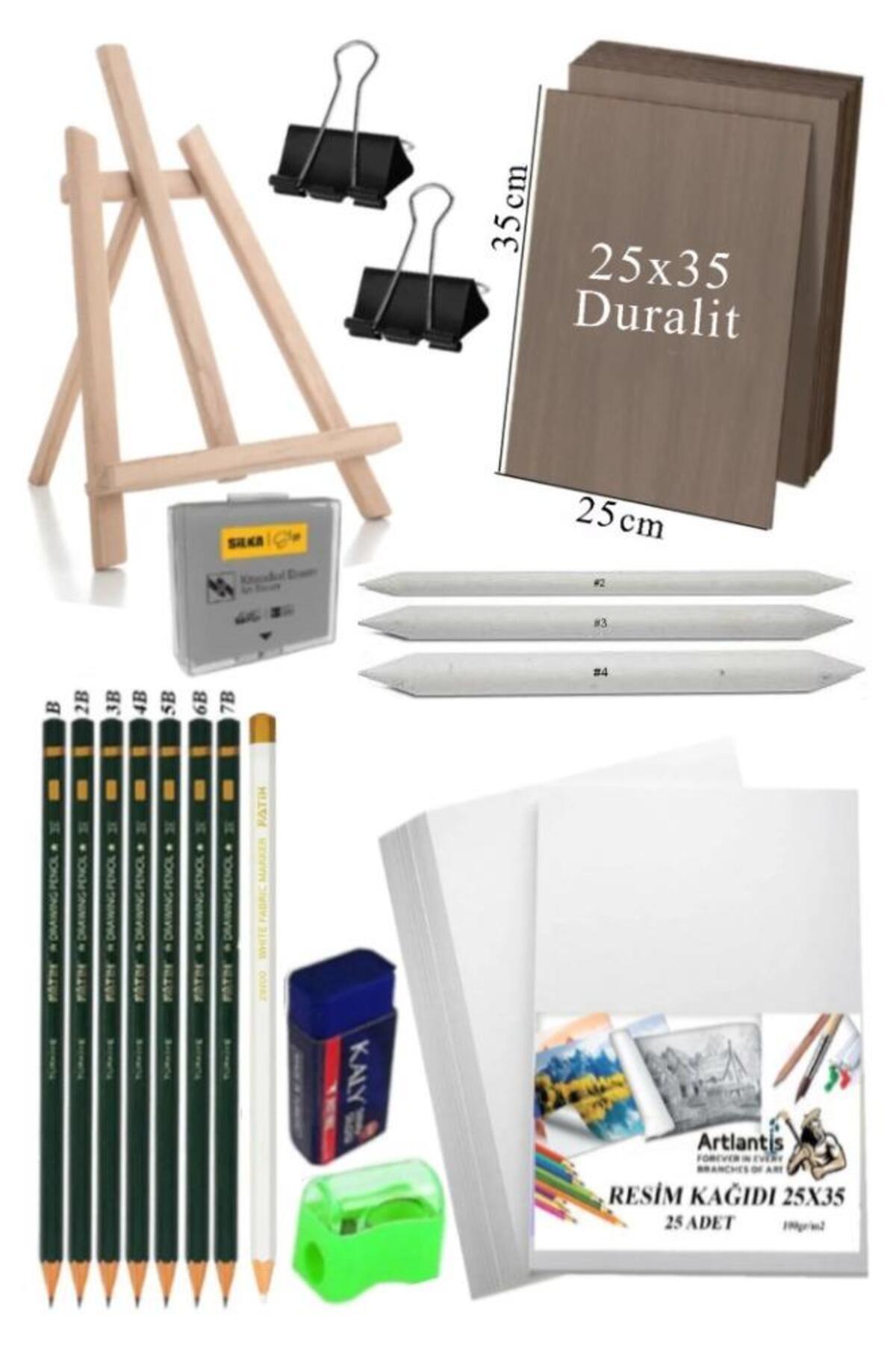 Artlantis Karakalem Eskiz Çizim Masa Üstü Şövale Duralit Seti 25x35 cm Pastel Dağıtıcı Dereceli Kalem Hamur Si