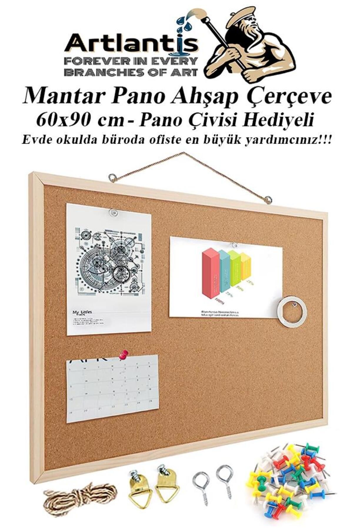 Artlantis Mantar Pano Ahşap Çerçeve 60x90 cm 1 Adet Harita Çivisi Hediyeli Duvara Monte Mantar Çerçeve Evde Ok