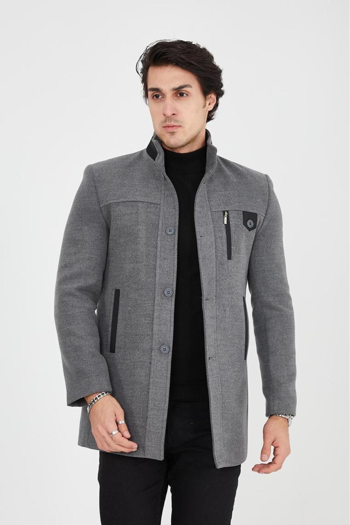 DC DRESS UP CLUB  Ezel Dik Yaka Göğüs Düğmeli Slim fit Erkek Kaşe Kaban 432 - Görsel 3