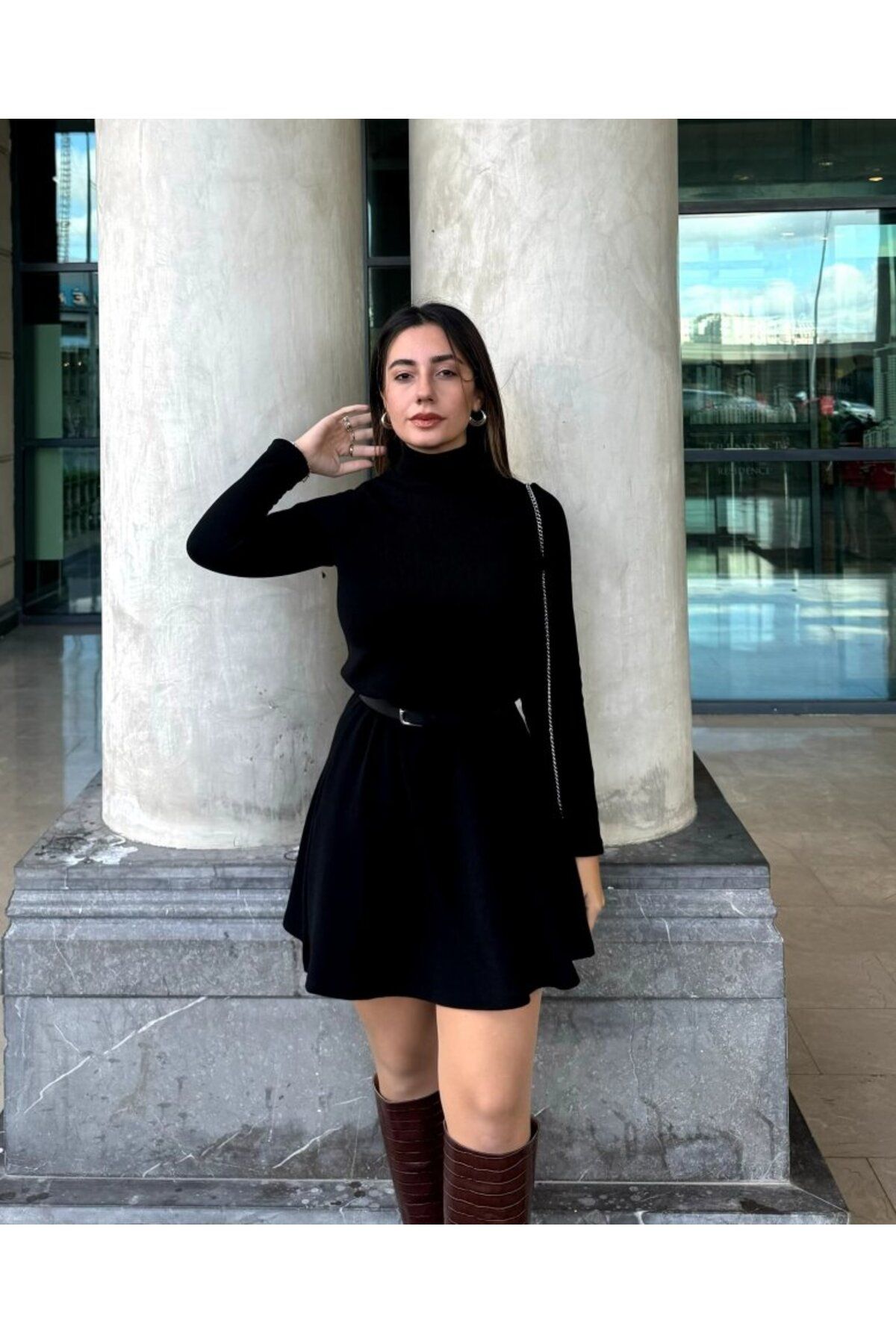 Meleners Kadın Uzun Kollu Balıkçı Yaka Salaş Kusa Akrilik Elbise