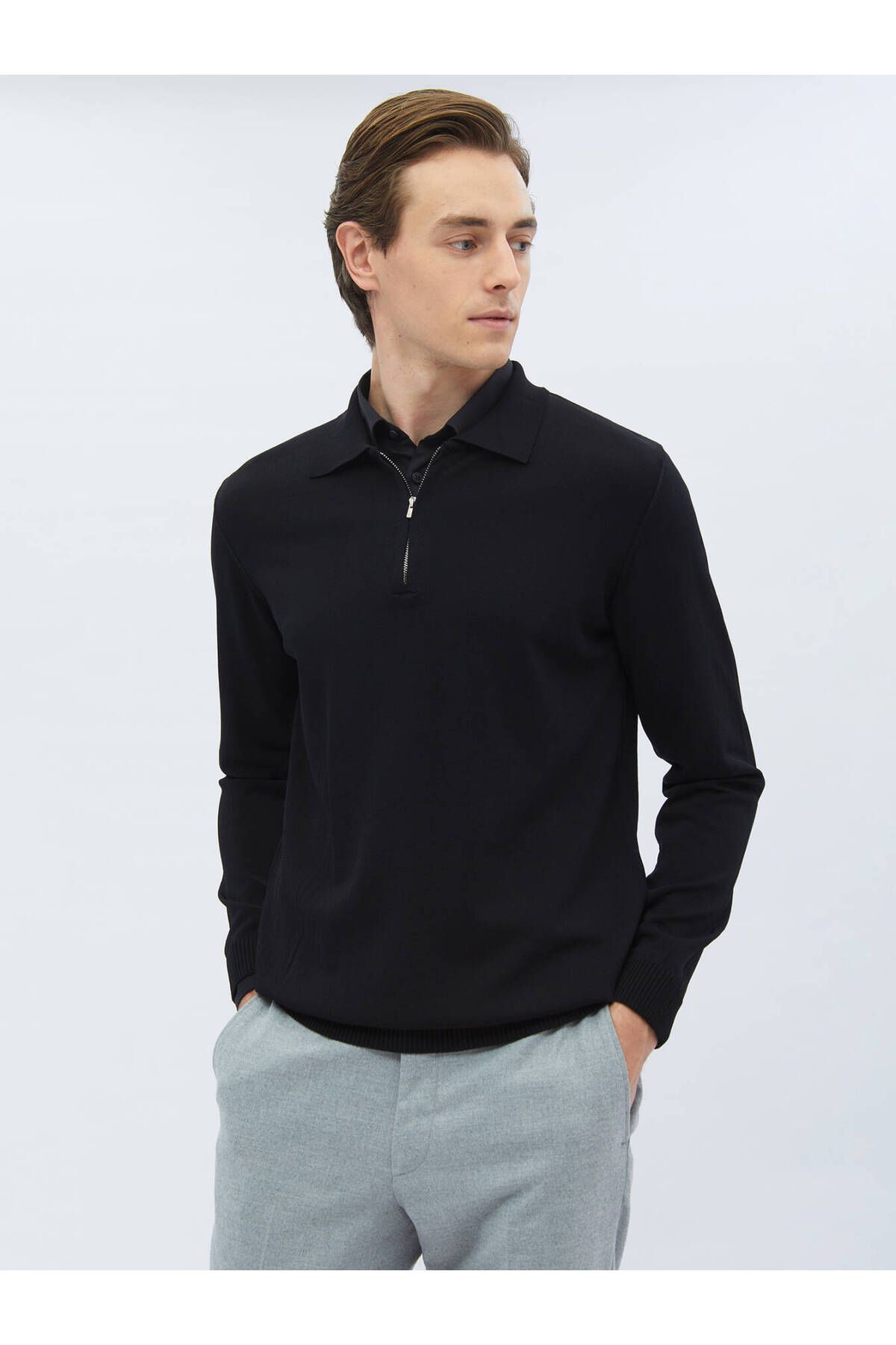 Kip-Black Polo Neck Plain Knitted Knitwear 1