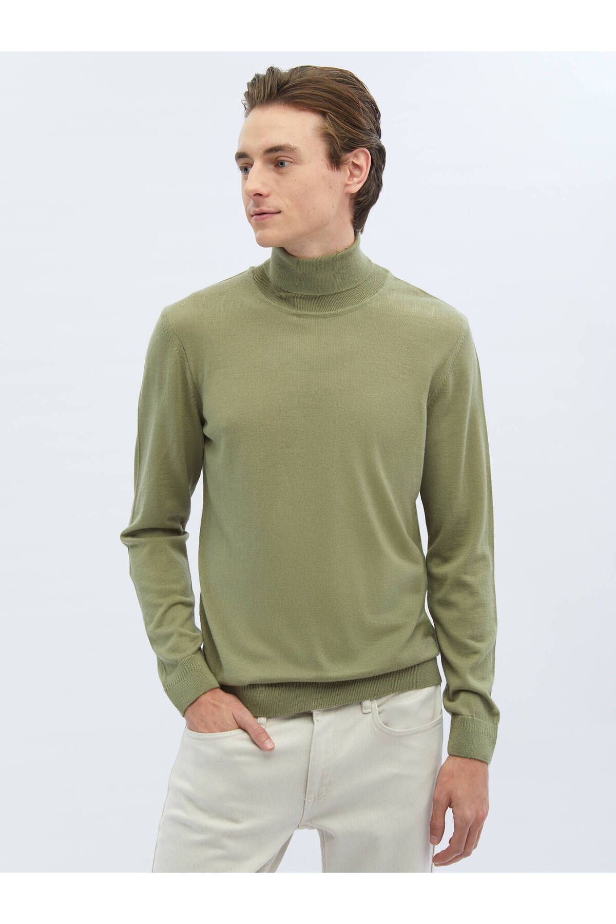 Kip-Light Green Full Turtleneck Plain Knit Wool Blended Knitwear 1