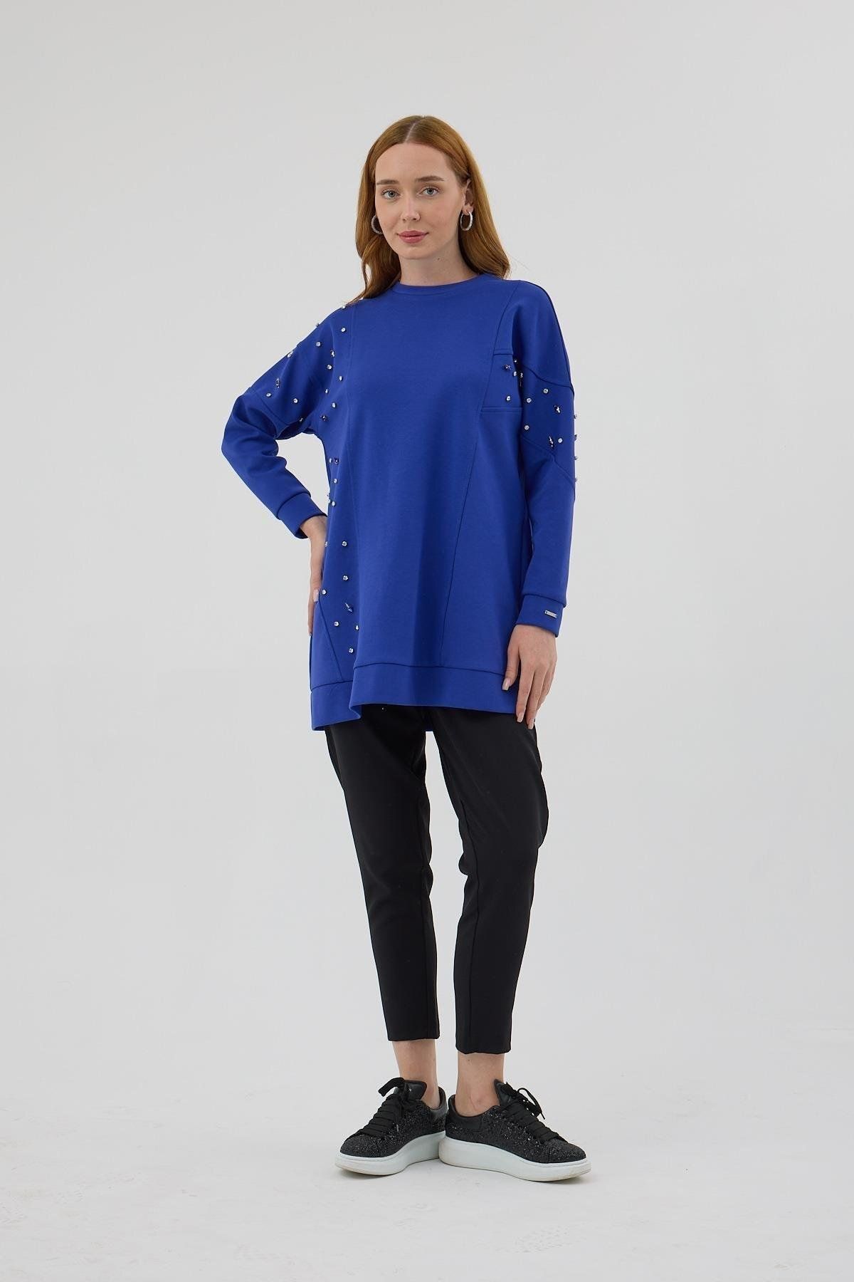 Moodbasic-Mb21.285 Model Asymmetrical Stone Detailed Blue Tunic 3