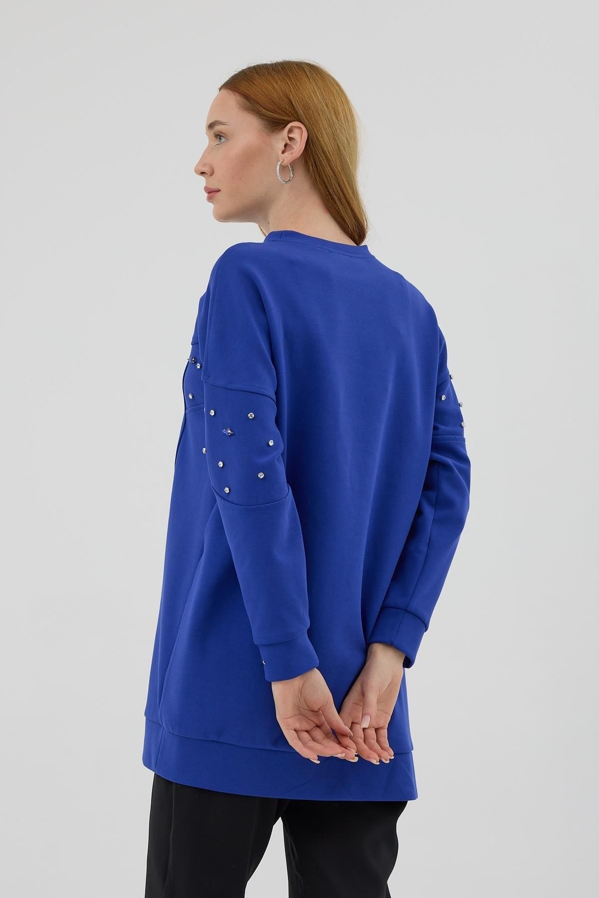 Moodbasic-Mb21.285 Model Asymmetrical Stone Detailed Blue Tunic 7