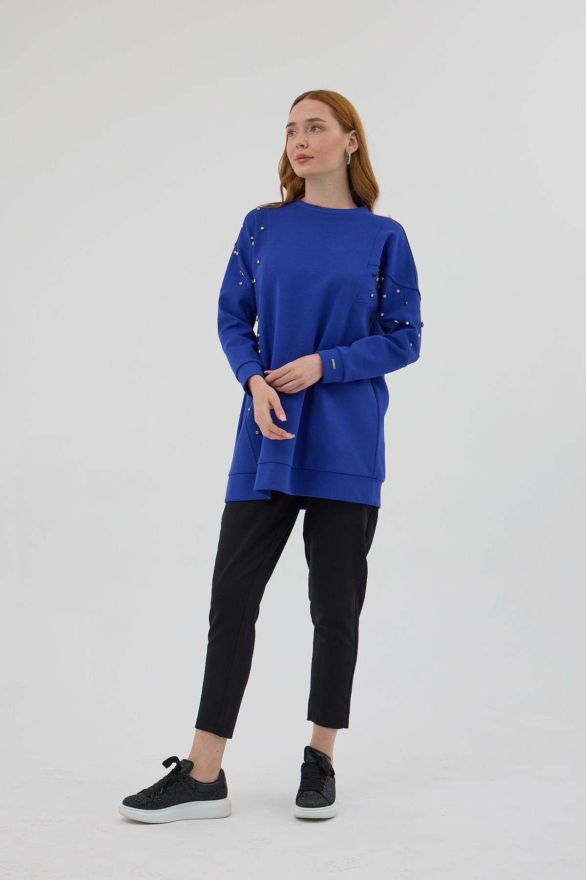 Moodbasic-Mb21.285 Model Asymmetrical Stone Detailed Blue Tunic 2