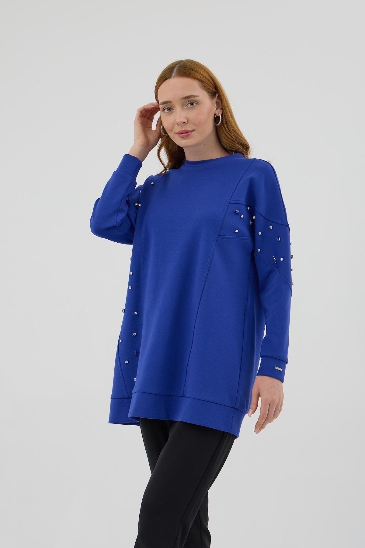 Moodbasic-Mb21.285 Model Asymmetrical Stone Detailed Blue Tunic 5