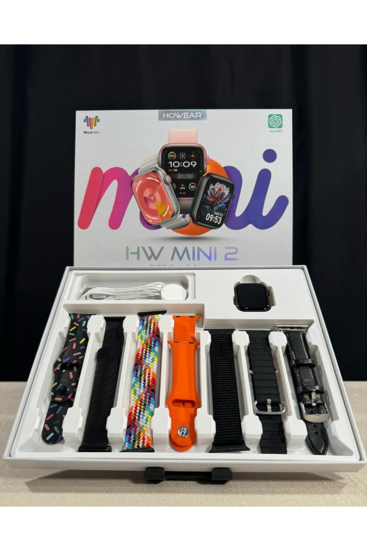 SONREİR HW Mini 2 Smart Watch 41mm 7 Kordonlu Siyah Kadın Akıllı Saat iPhone Huawei Oppo Uyumlu 8,9,10 Akıllı Telefon