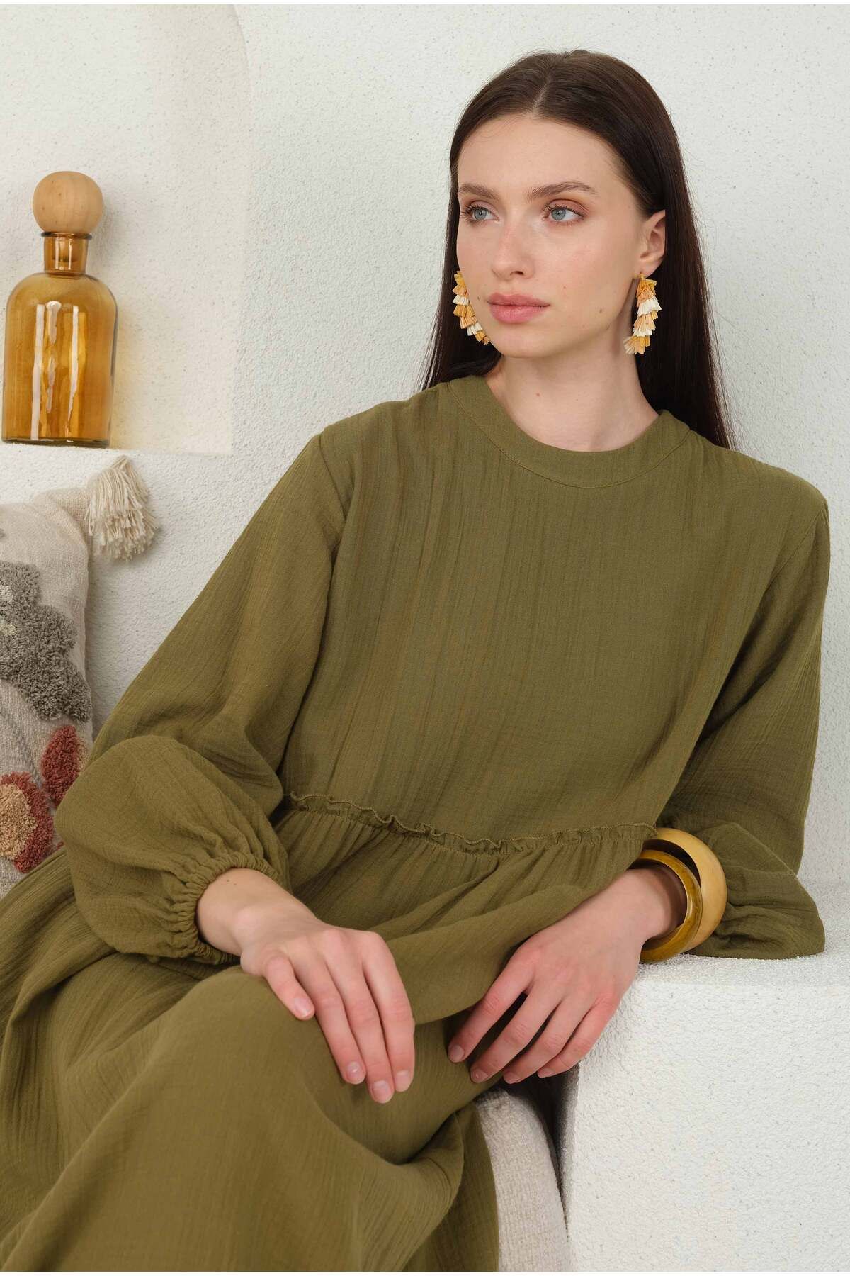 HEQA-Rochie de muselină verde ulei 4