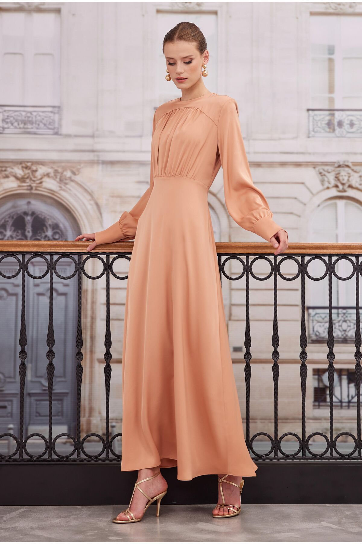 HEQA-Salmon Colored Gathered Satin Dress 5