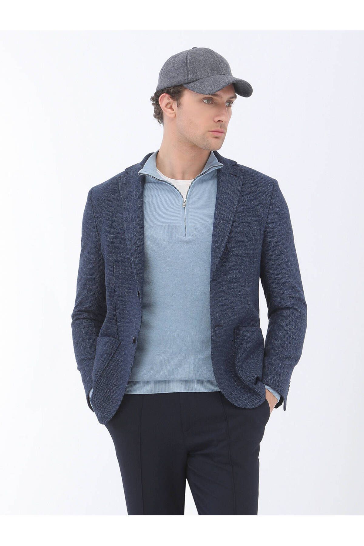 Kip-Indigo Micro Modern Fit Wool Blended Jacket 4