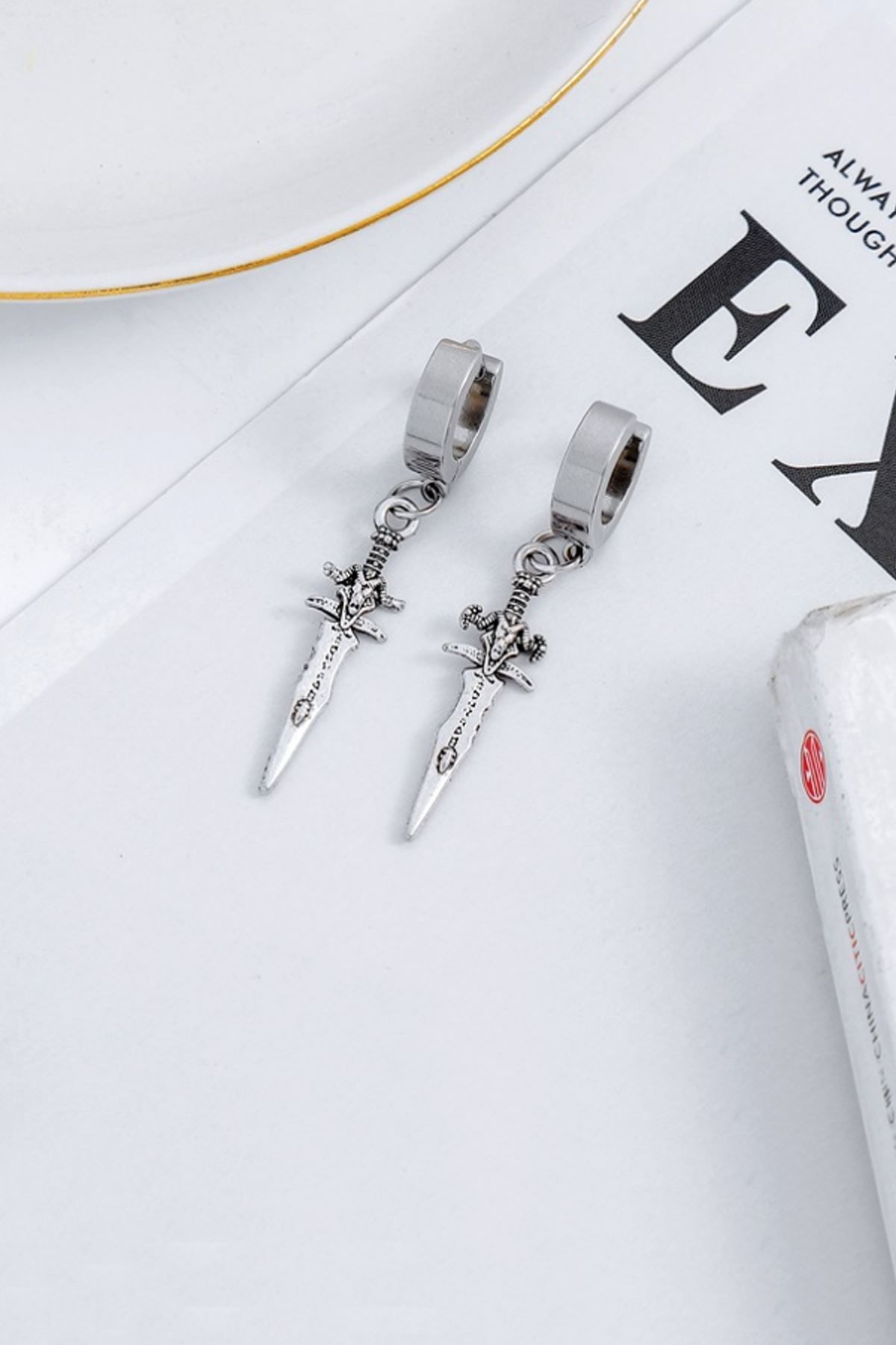 Chavin-Grey Steel Sword Dangle Men's Earrings Ei33by 3