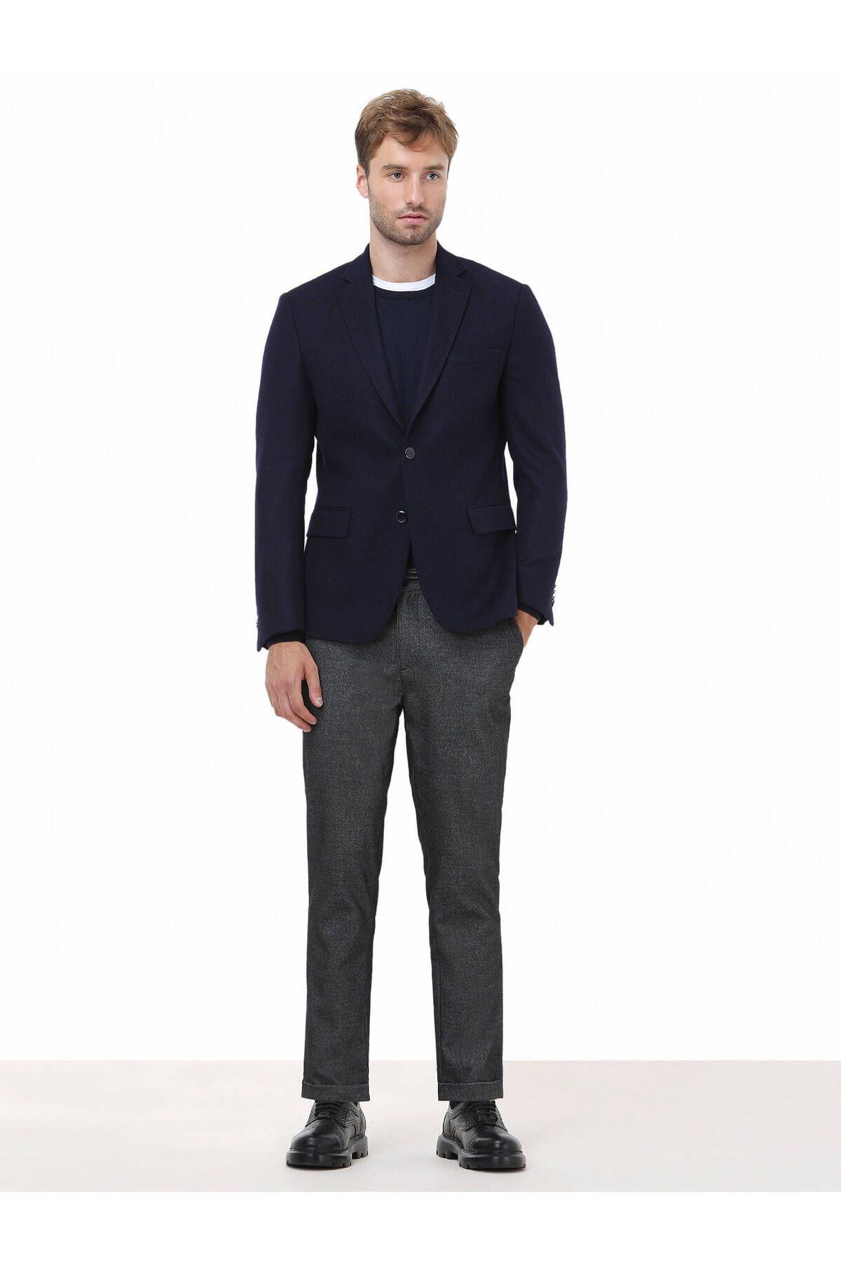 Kip-Wool Blended Navy Blue Straight Modern Fit Jacket 2