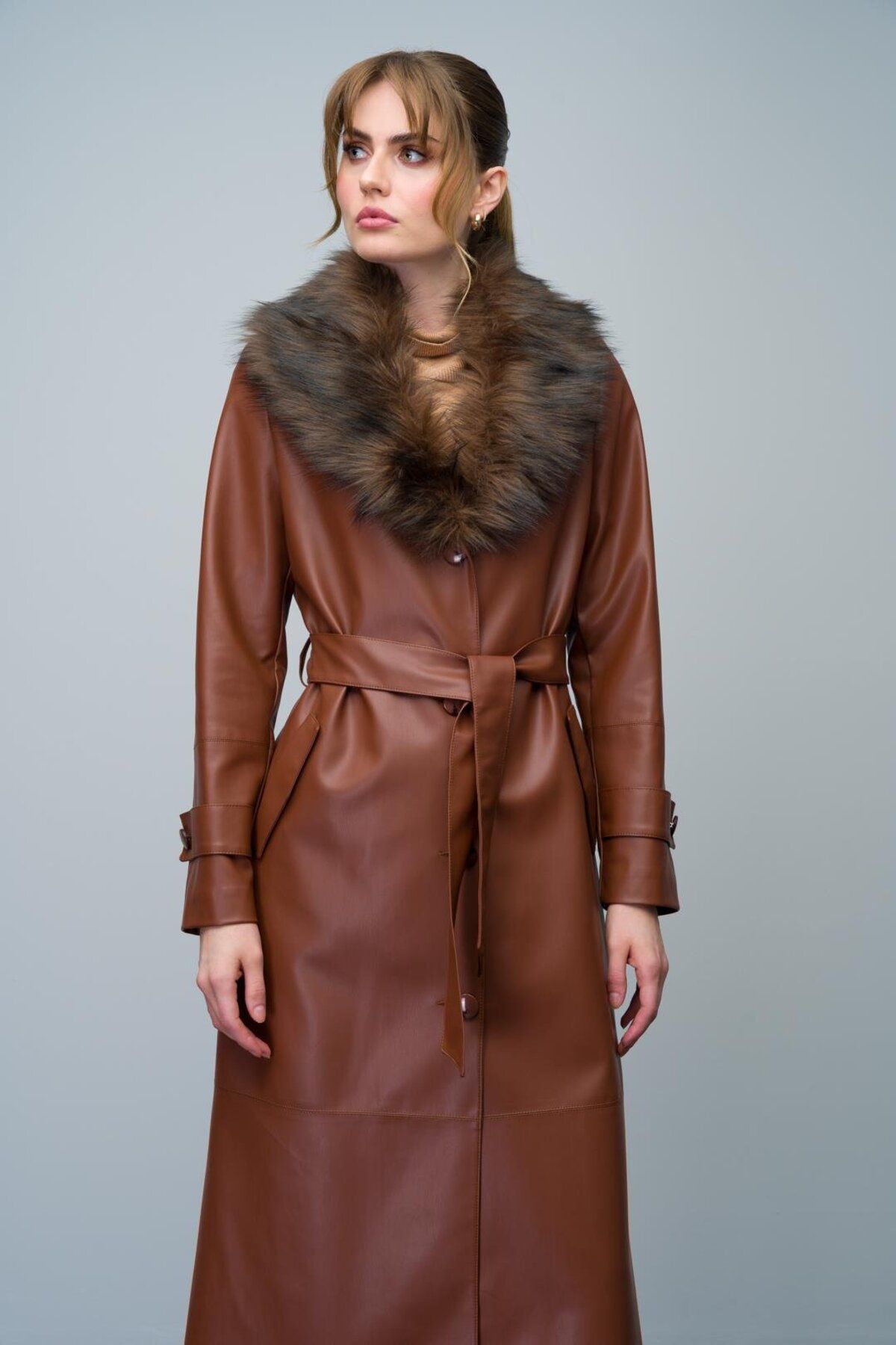 Olcay-Furry Leather Trench Coat with Detachable Collar - Belted, TABA 6606 3