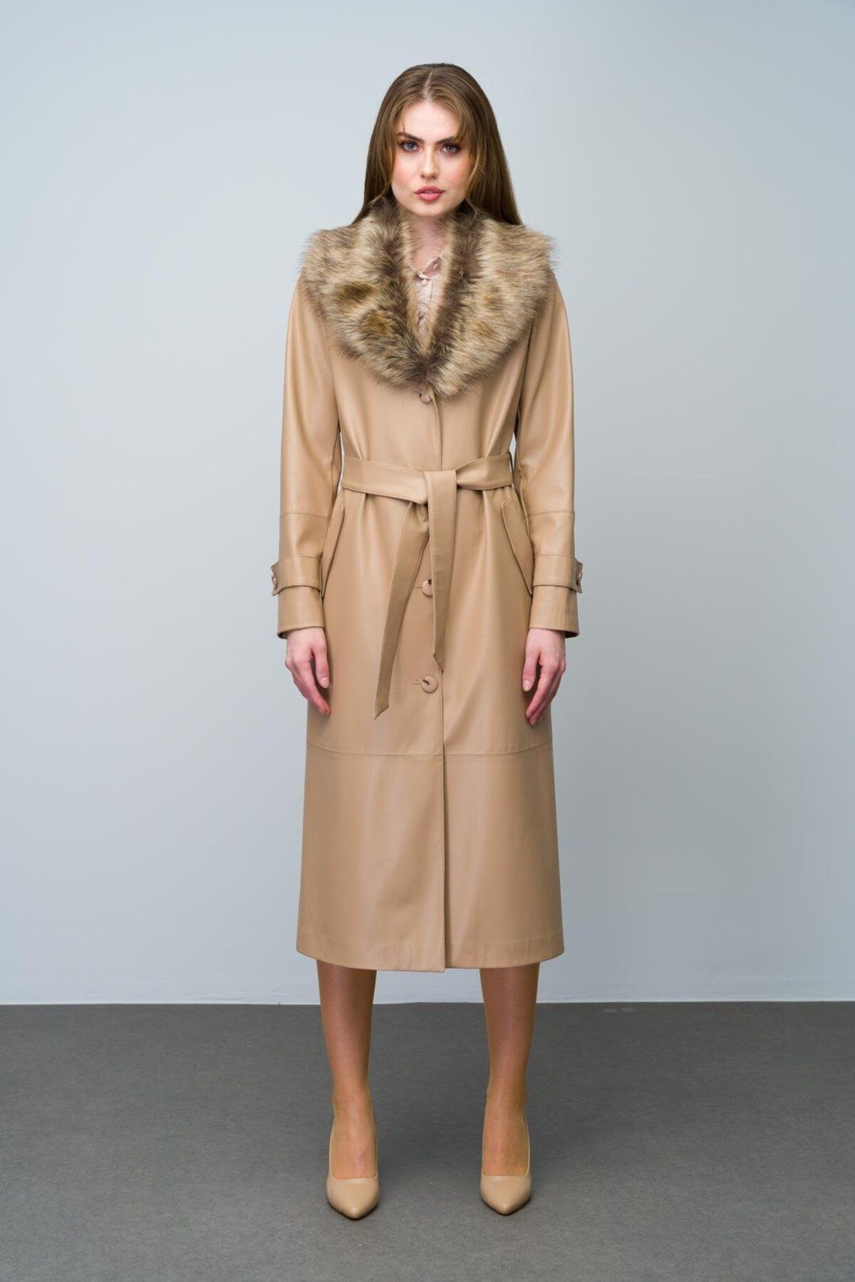 Olcay-KAMEL 6606 - Sheepskin Trench Coat with Detachable Collar and Belt 3