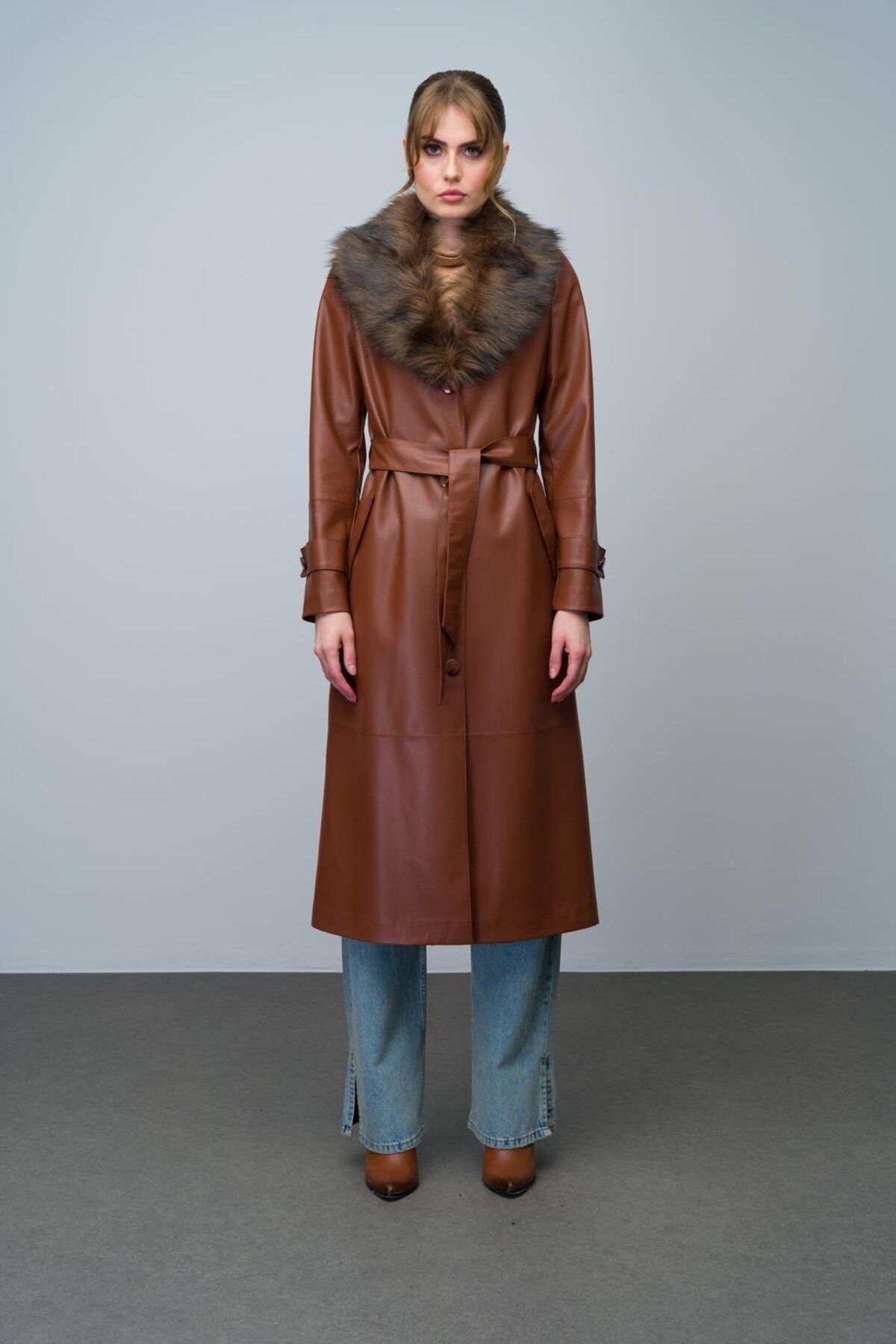 Olcay-Furry Leather Trench Coat with Detachable Collar - Belted, TABA 6606 2