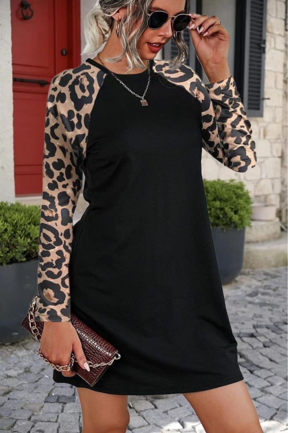 meisa Kadın Uzun Kollu Bisiklet Yaka Kollar Leopar Detay Krep Mini Boy Elbise