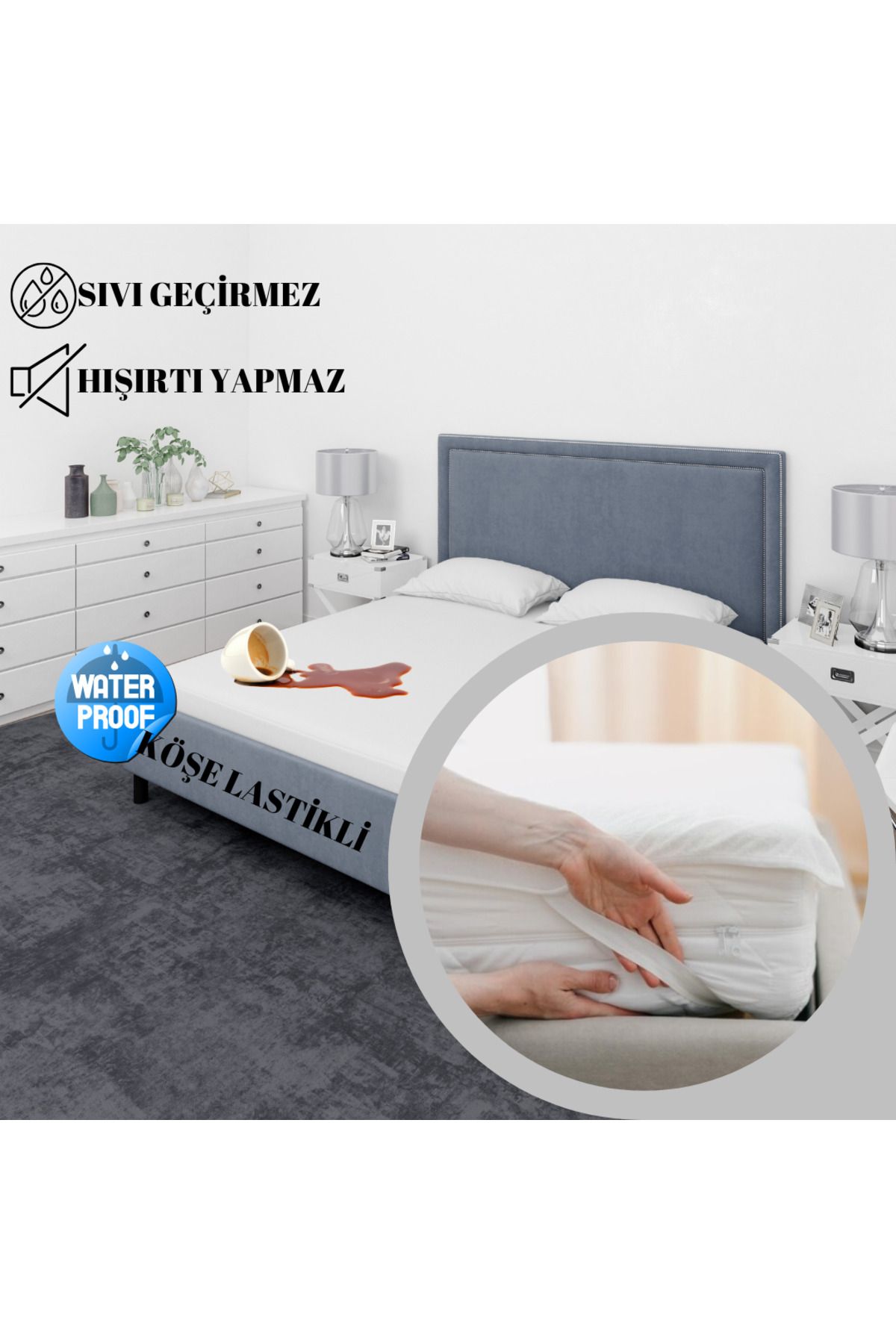 ROKO VİLLA-Bed Alez- Liquidproof Double Personal 4 Corner Rubbered Bed Protector Alez 2