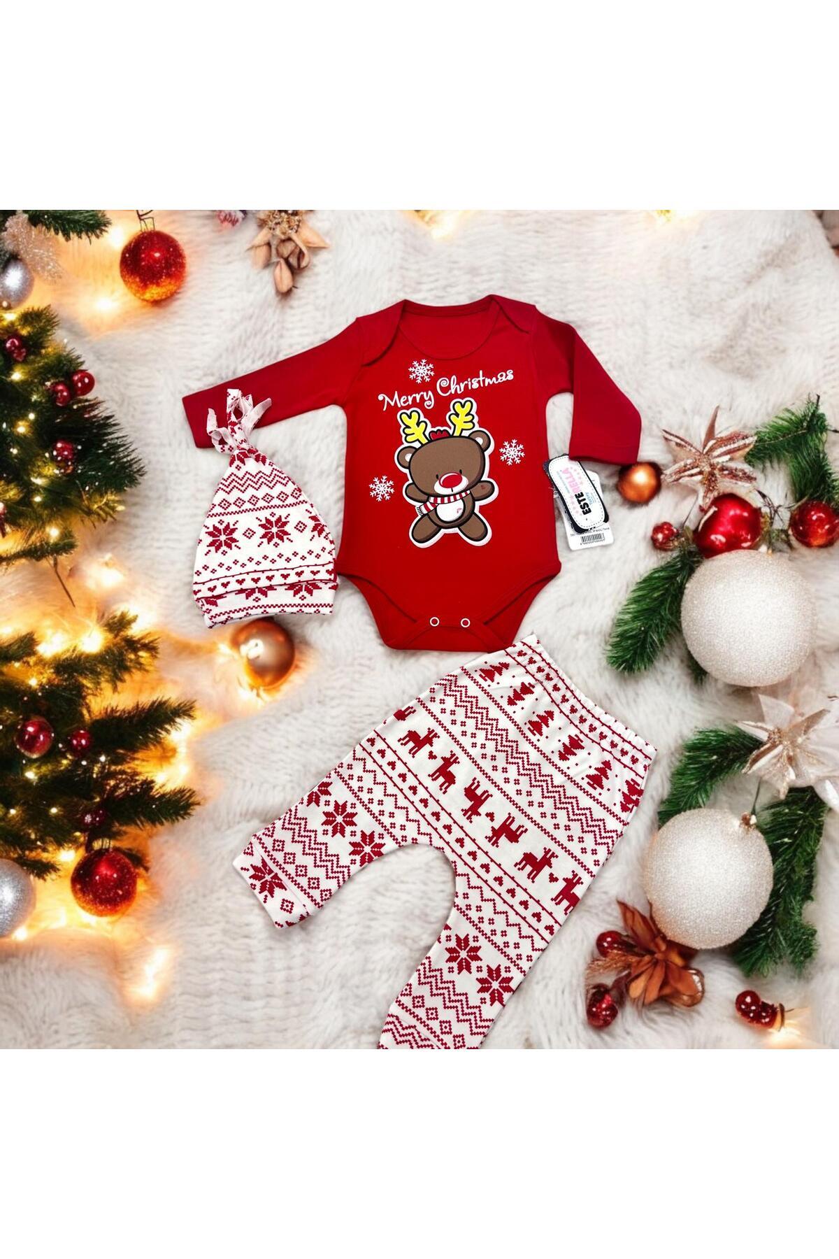 Esterella yeni yıl temalı zıbın/merry christmas bebek zıbın / pamuklu yılbaşı zıbın takım/3 parça zıbın takım