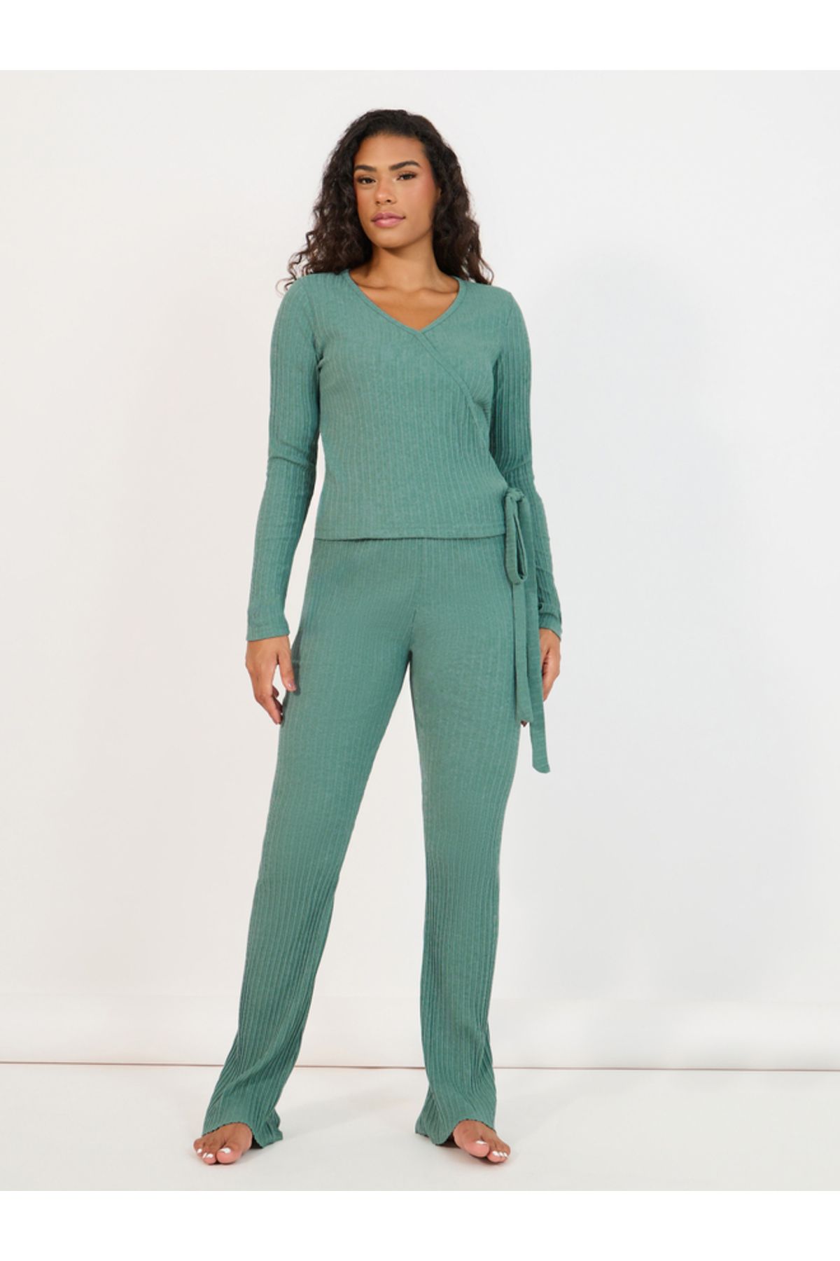 Styli-Brushed Rib Wrap Tie Top & Flared Trouser Lounge Set 1