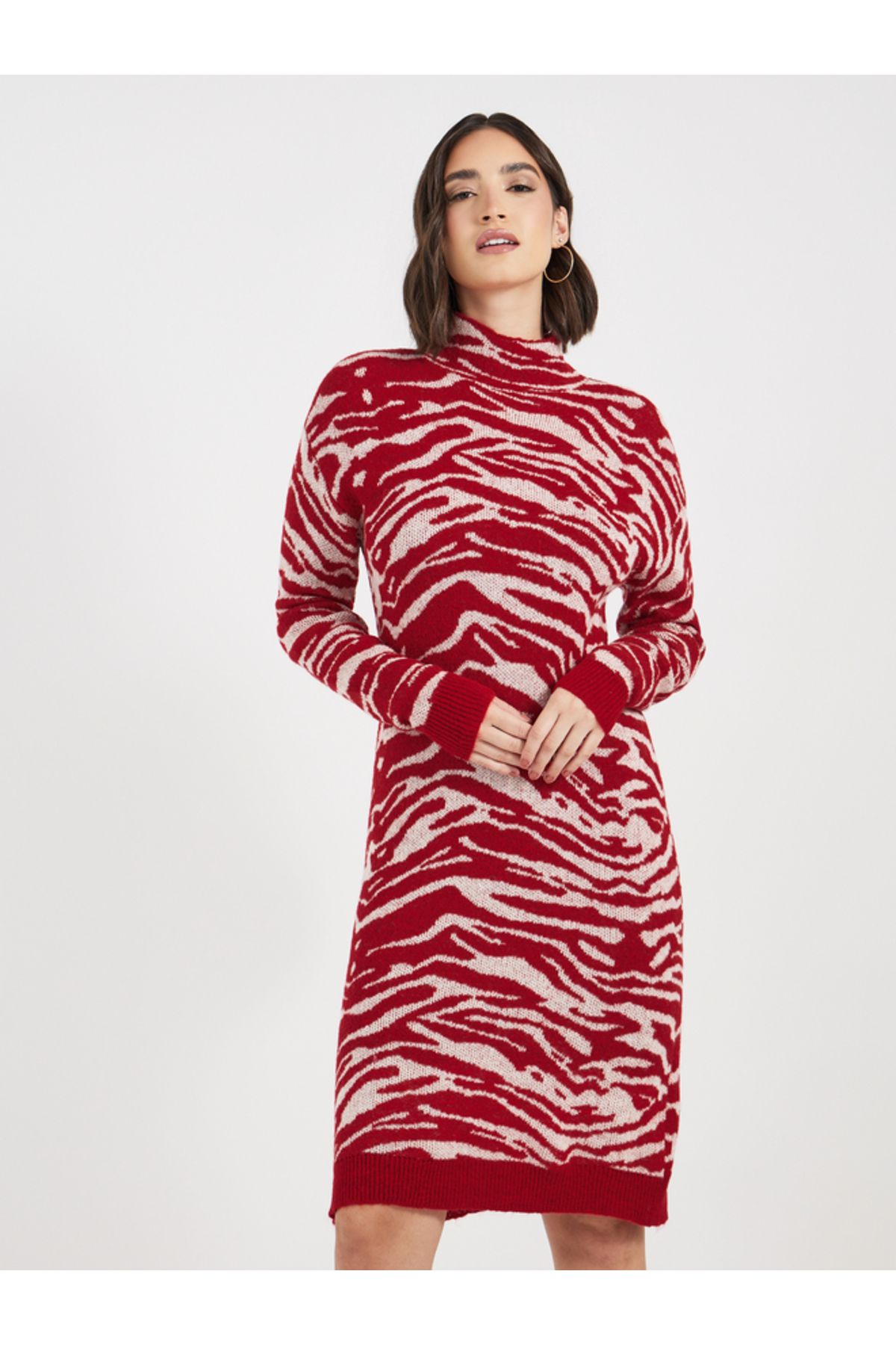 Styli-Turtle Neck Patterned Sweater Knee Length Dress 2