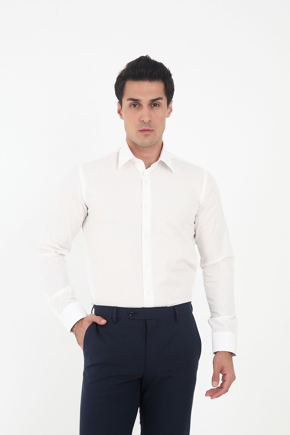 Brianze-White Tie Collar Slim Fit Shirt 2